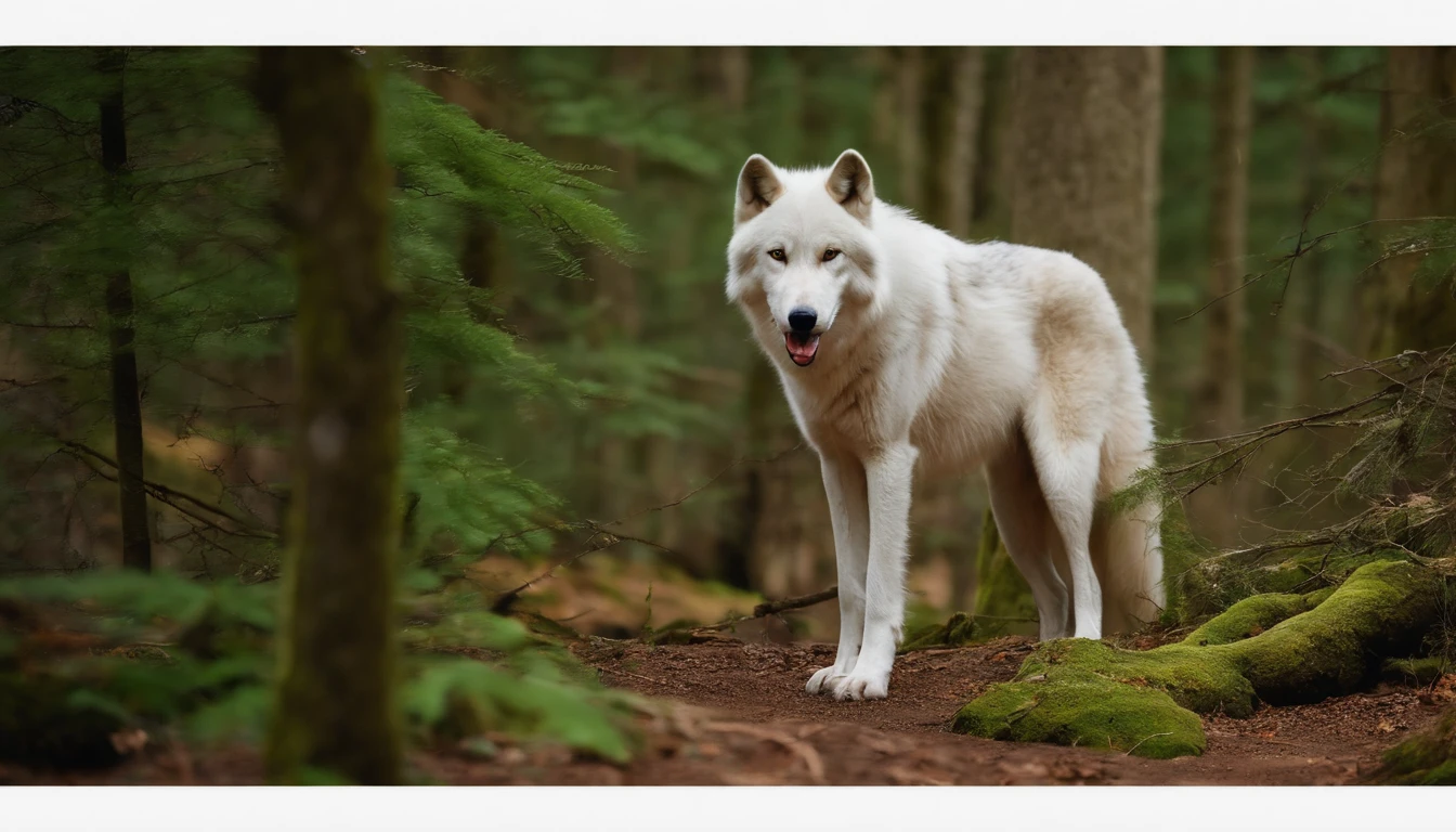 there is a white dog standing in the woods next to a tree, a picture inspired by Wolf Huber, unsplash, conceptual art, photo of wolf, a white wolf, wolves and their treasures, wolf companion, looking majestic in forest, great wolf, wolf, lone wolf, still from a nature documentary, still from nature documentary, wolves