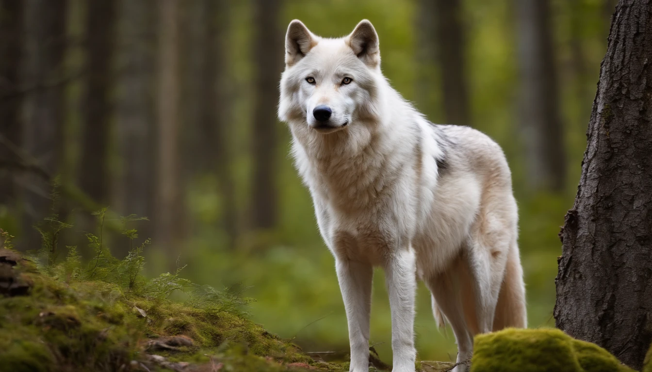 there is a white dog standing in the woods next to a tree, a picture inspired by Wolf Huber, unsplash, conceptual art, photo of wolf, a white wolf, wolves and their treasures, wolf companion, looking majestic in forest, great wolf, wolf, lone wolf, still from a nature documentary, still from nature documentary, wolves