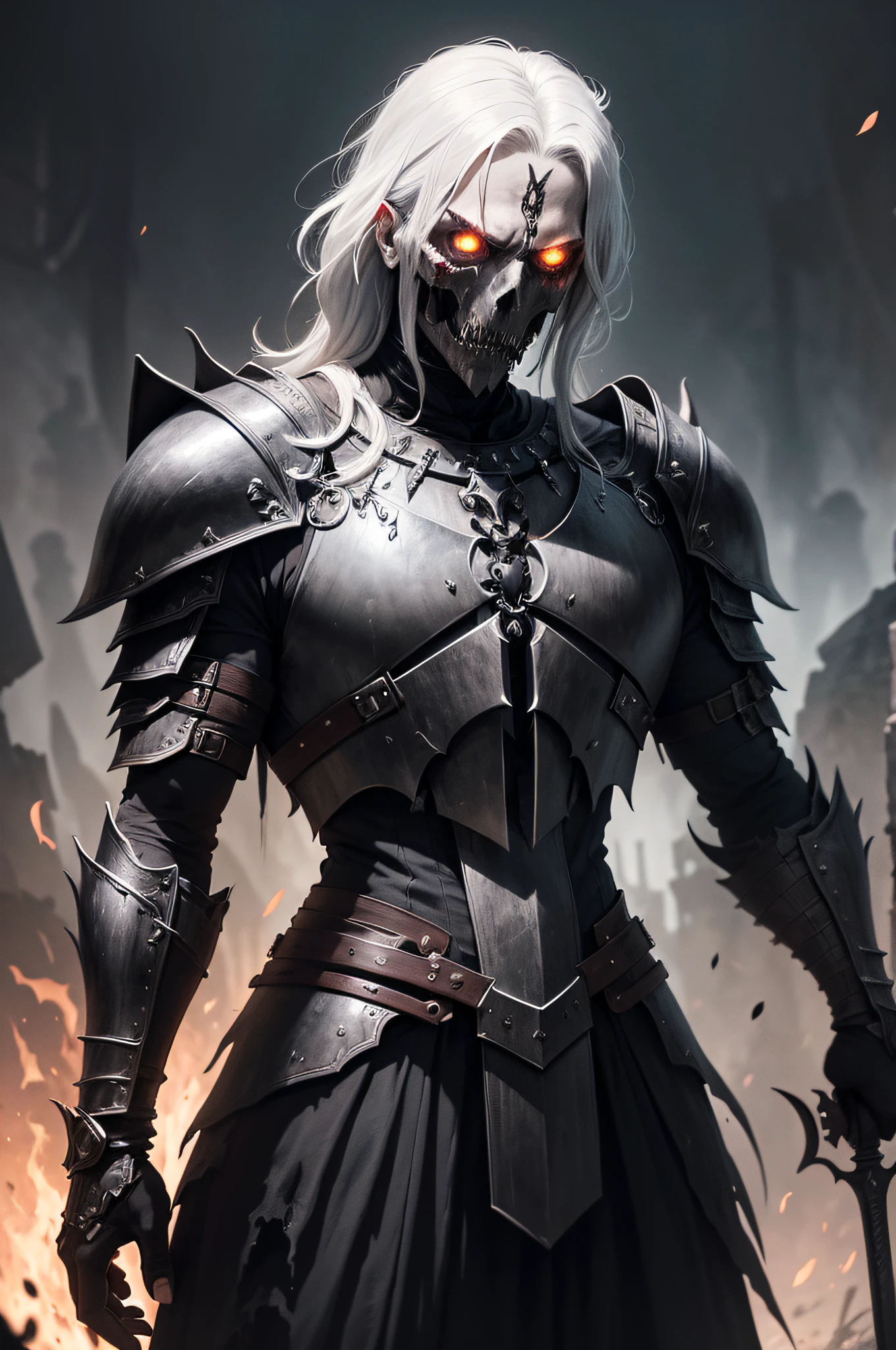 a drawing of a male zombie with torn flesh to reveal human skull, elongated canines, scale mail armor, hollow black flame eyes, black metal pauldrons, black metal breastplate, gothic background, raining blood in the night sky, Holding a spear over shoulder