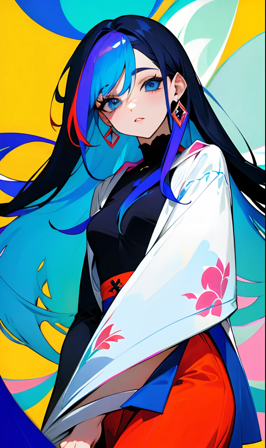 Garota de 20 anos utilizando um tapa olho de faixa no olho direito,cabelo longo multicolorido com azul escuro e rosa nas pontas olho esquerdo multicolorido com azul e branco usando uma roupa preta enquanto usa um sobretudo vermelho por cima