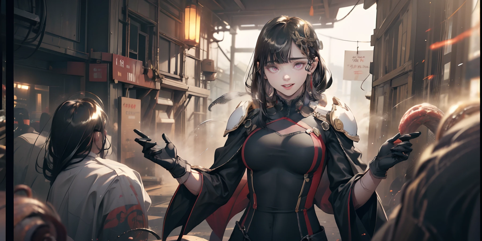 (black hair, long hair:1.7), purple eyes, hair ornament, epic art, fog, steaming body, blush skin, tentacles, breasts, open_mouth, large_breasts, bodysuit,indoors, gloves, earrings, 1girl, saliva, teeth, armor, shoulder_armor, standing, straddling, glow effects, godrays, Hand drawn, render, 8k, octane render, cinema 4d, blender, dark, atmospheric 4k ultra detailed, cinematic, Sharp focus, big depth of field, Masterpiece, colors, 3d octane render, 4k, concept art, trending on artstation, hyperrealistic, Vivid colors, extremely detailed CG unity 8k wallpaper, trending on CGSociety, Intricate, High Detail, dramatic, solo, solo focus,