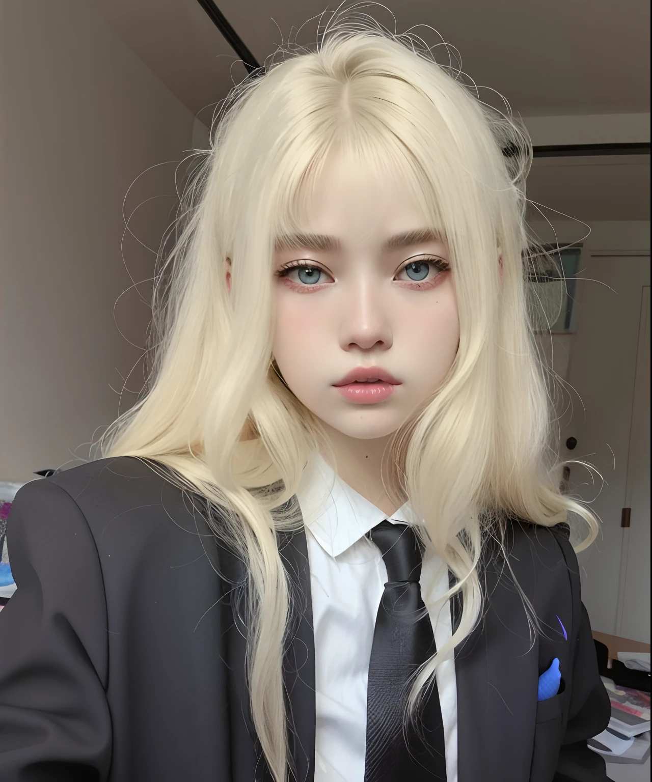 Mulher loira com cabelo comprido vestindo terno e gravata, very very pale blond hair, extremely pale blond hair, her hair is white, branco hime corte penteado, cabelo whitebangs cabelo, com cabelos longos brancos, com franja completa, longos cabelos brancos e franja, franja branca, Ulzzang, pale hair, Lalisa Manobal, com franja