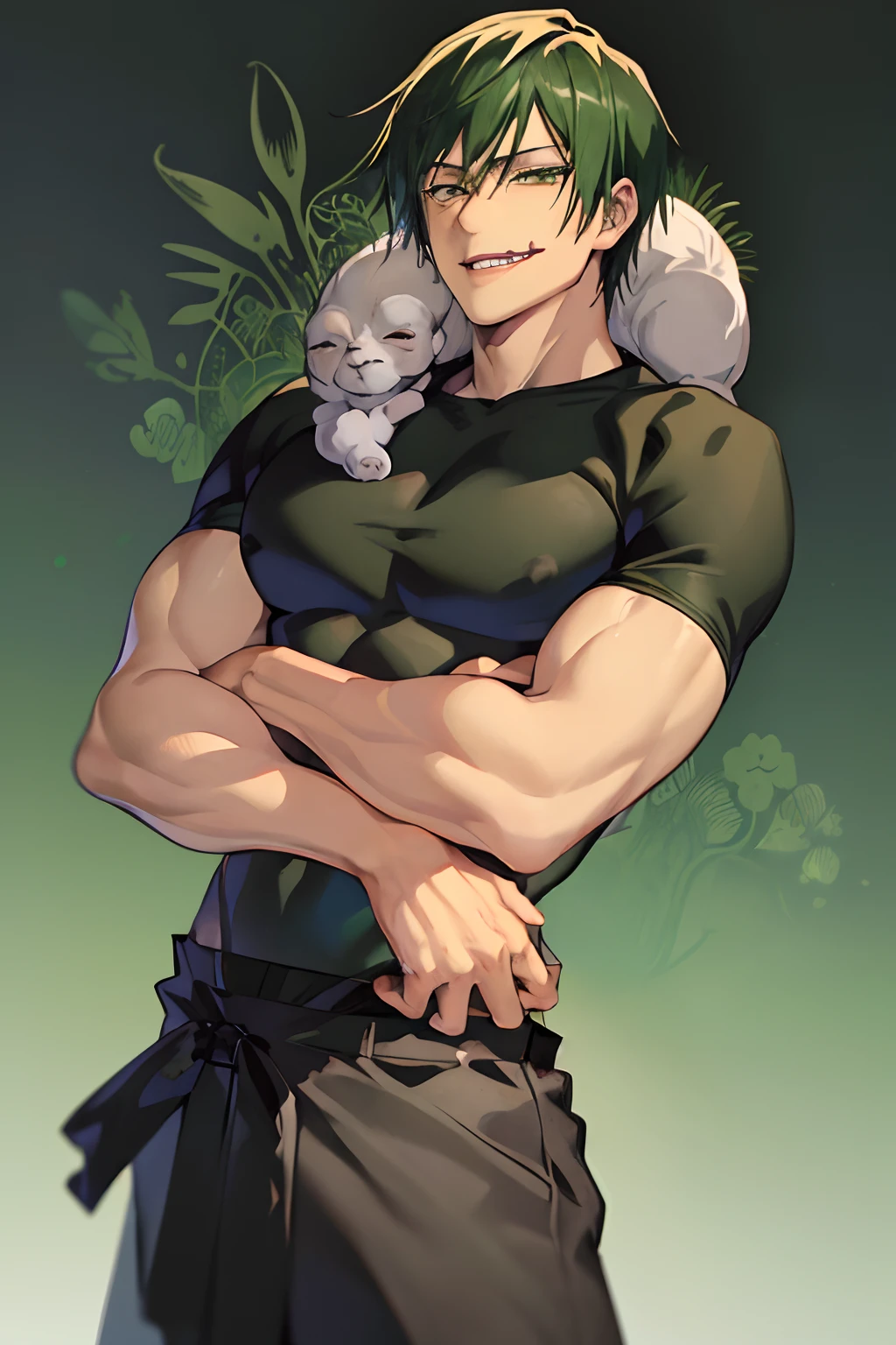 (masutepiece, Best Quality:1.2), Green theme, Cowboy Shot, Solo, Male Focus, 1boy, Mr. Fushiguro, muscular male, grinning evily, Looking at Viewer, Black shirt, Short sleeves, Pants
