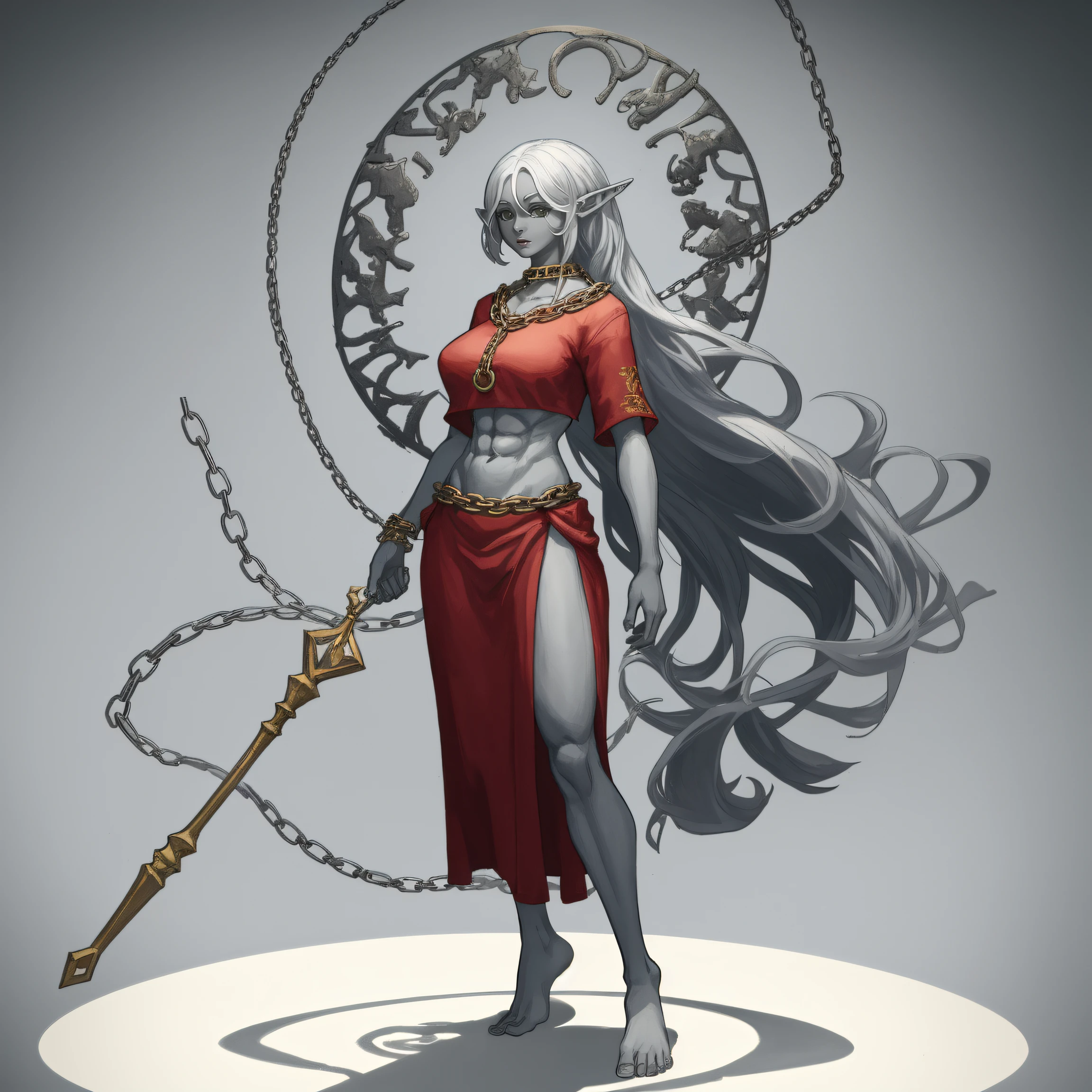 standing straight symmetrical, full body barefeet, drow elf 1girl, mature, BIG OPEN eyes, LONG MESSY hair, BIKINI, abs, big knockers, chain collar, stomach, NAVEL, BAREFEET