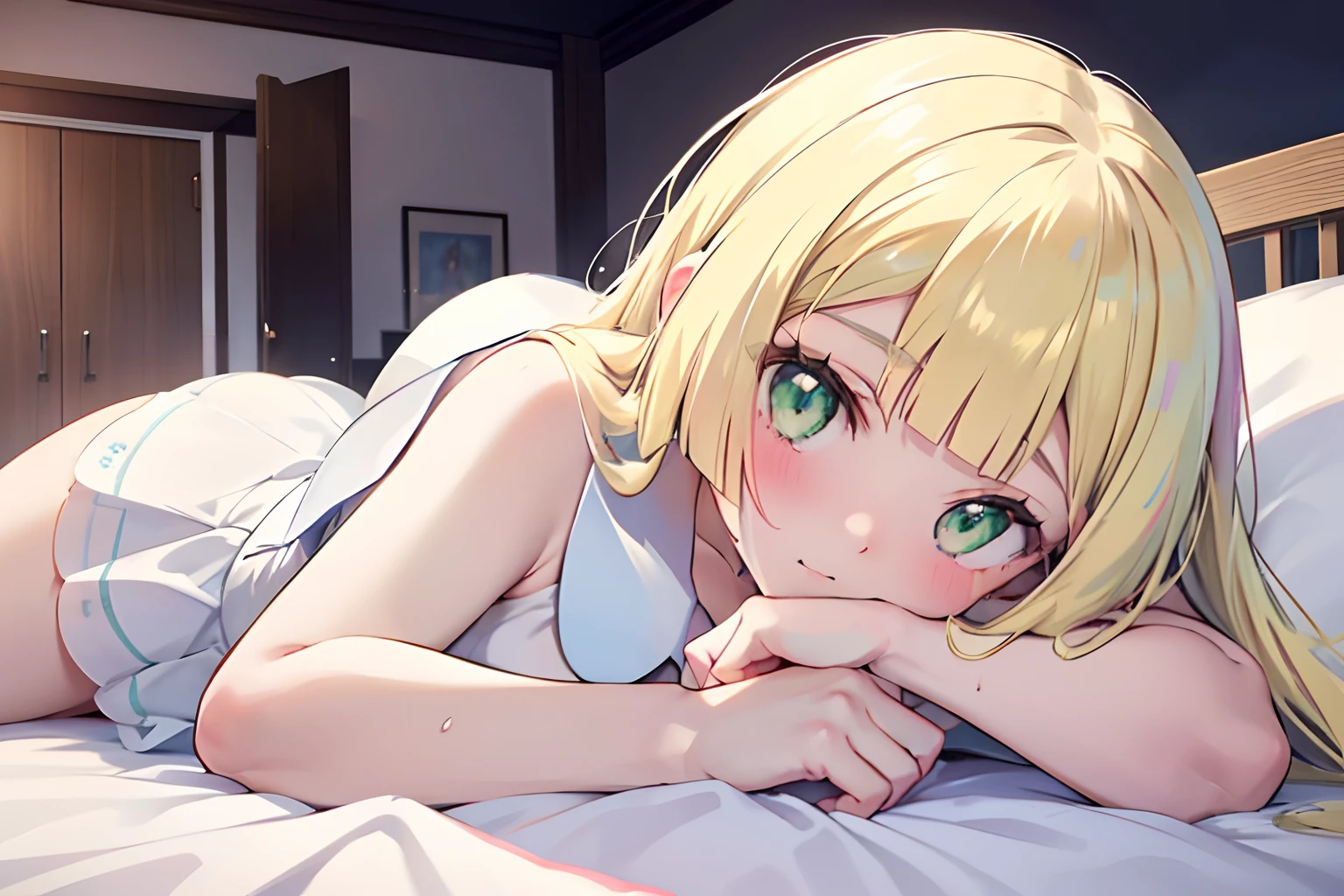 nsfw,Lying in bed,inside in room,Green eyes,Viewer's Perspective,Hide your face with a futon,Close-up of the face,One Girl,a blond,lillie \(
pokemon\),Ganbari Lilie,pokemon,White dress,verd s eyes,Shy,red blush,Shy face,Top image quality,Masterpiece,Best Quality