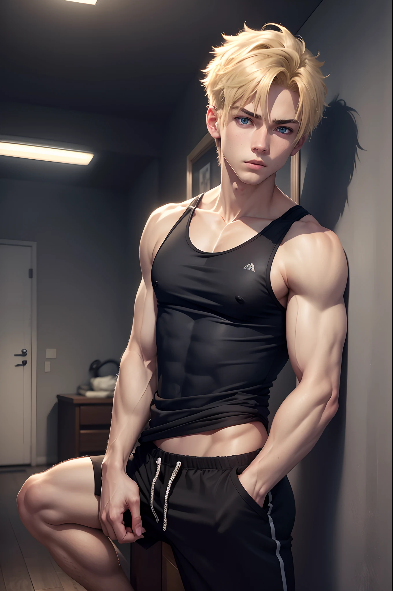 Realistic 8K image of a young  male, blond, strong, short hair combed back, blue eyes, dressed in a black tank top, and black sweatpants, in a simple and dark room, winter morning, art style anime