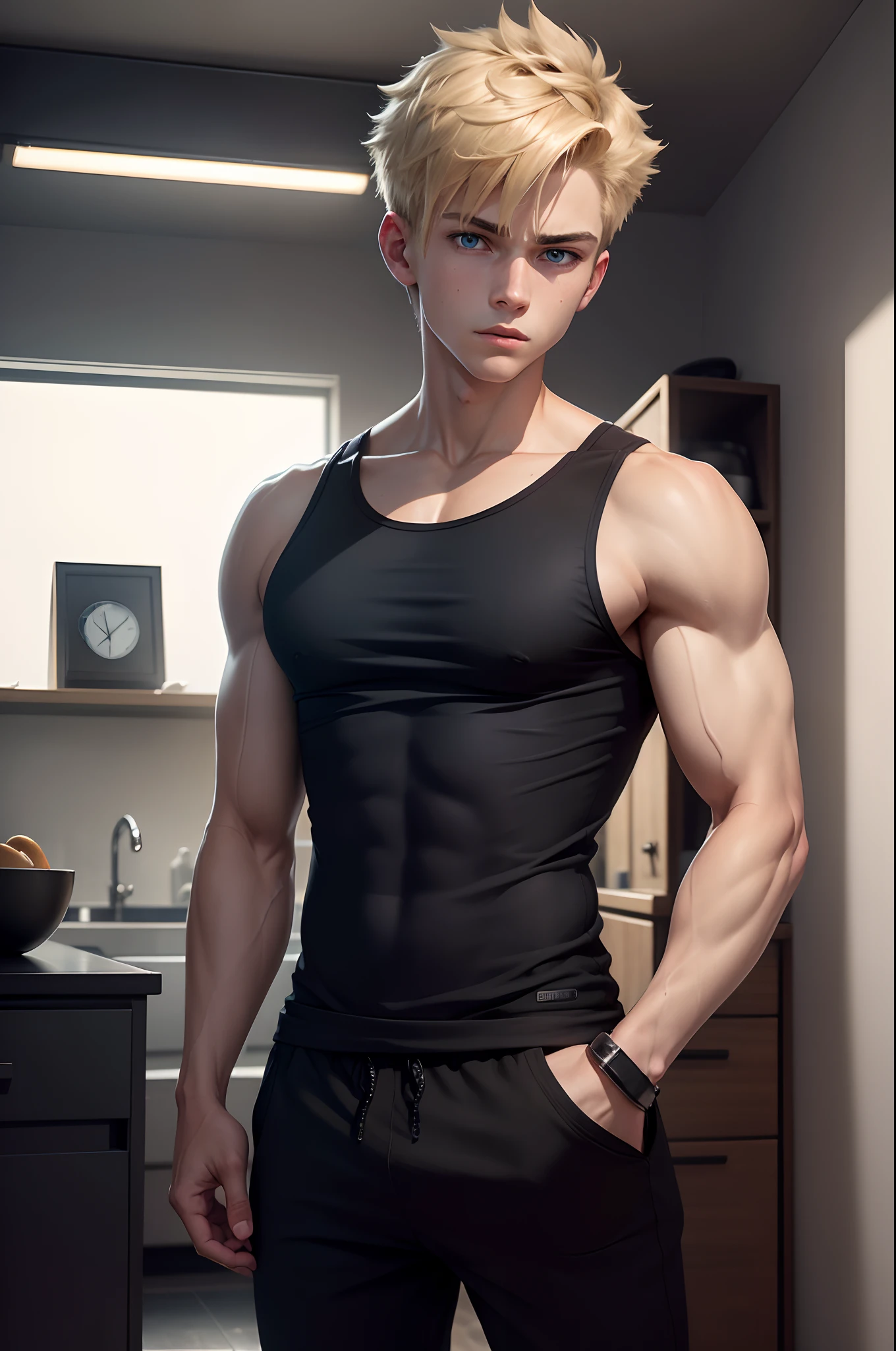 Realistic 8K image of a young male, blond, strong, short hair combed back, blue eyes, dressed in a black tank top, and black sweatpants, in a simple and dark room, winter morning, art style anime
