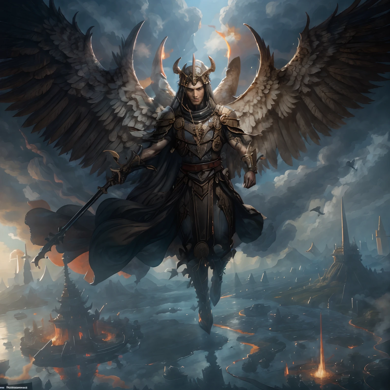 Create an impressive and emblematic image, which reconciles the opposites between heaven and hell according to the principle of "So wie oben, so auch unten" embodied, Eine klare horizontale Linie in der Mitte des Bildes sollte den Spiegelpunkt zwischen den beiden Szenen darstellen,
upper half (Himmel):
- Der Himmel sollte von einem Wolkenkranz umgeben sein, auf dem die Umrisse des Himmelreiches zu erahnen sind,
- Die sieben Erzengel, Ready for battle, Bravely plunge down towards hell, Sie sollten heldenhaft und entschlossen aussehen, bereit, das Gute zu verteidigen,
- Im Hintergrund des Bildes, hinter dem Kreuz im Himmel, sollte schwach Marias weinendes Gesicht zu sehen sein, das die traurige, aber hoffnungsvolle Natur des Himmels widerspiegelt,
Mittellinie:
- In der Mitte der Mittellinie sollten sich zwei Kreuze befinden, eines ragt in den Himmel und das andere, ein umgekehrtes Kreuz, Descends into hell,
- Jesus was to hang on the cross to heaven, dargestellt in einer Haltung des Friedens und der Opferbereitschaft,
- Satan's son was to hang on the inverted cross to hell, dargestellt in einer Haltung der Rebellion und des Zorns,
Lower Half (hell):
- Hell should have a dark and threatening atmosphere, mit dunklen Farben, Flammen und chaotischen Strukturen,
- Im Hintergrund des Bildes, hinter dem Kreuz des Sohnes Satans, sollte sich schwach Luzifers wutentbranntes Antlitz abzeichnen, that symbolizes the dark and dangerous nature of hell,
- Die gefallenen Engel, that are reflected in hell, should have black wings and charge energetically towards the kingdom of heaven,
- Satan's Citadel Should Be Foreshadowed in Hell, as a dark and threatening counterpart to the peaceful and harmonious kingdom of heaven,
The entire composition was intended to emphasize the duality and mirrored nature of the two scenes, und die Szene sollte das Prinzip "So wie oben, so auch unten" visually embody, as well as the dramatic confrontation between