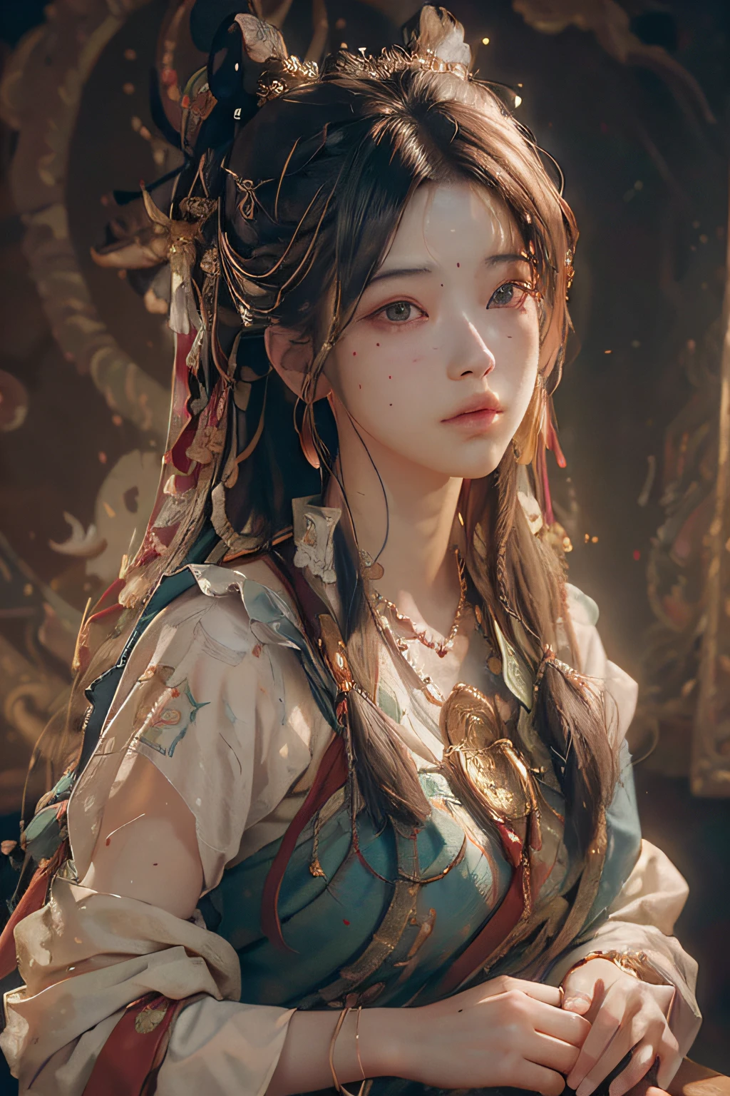(RAW photo, best quality), (realistic, photo-realistic:1.3),best quality,highly detailed,masterpiece,ultra-detailed,illustration,1girl,upper_body,dynamic angle,world masterpiece theater,messy_long_hair,best quality,extremely detailed CG unity 8k wallpaper,ink,Amazing,cinematic lighting,lens_flare, dunhuang_style