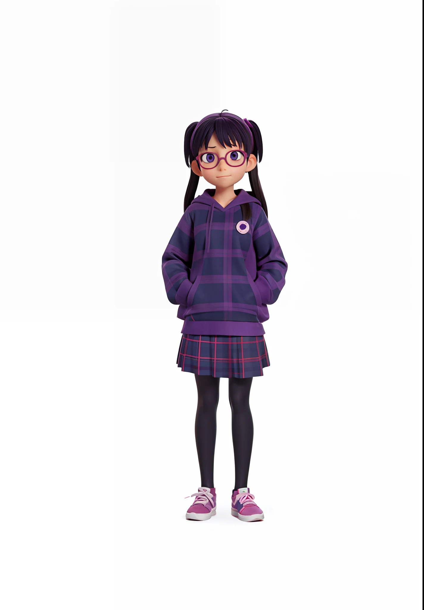 anime character with glasses and a purple shirt and plaid skirt, anime visual of a cute girl, nagatoro, anime visual of a young woman, full_body!!, anime full body illustration, single character full body, official anime still, full body!!, anime moe artstyle, hinata hyuga, full body with costume, 3d cartoon, octane render, 3d render,