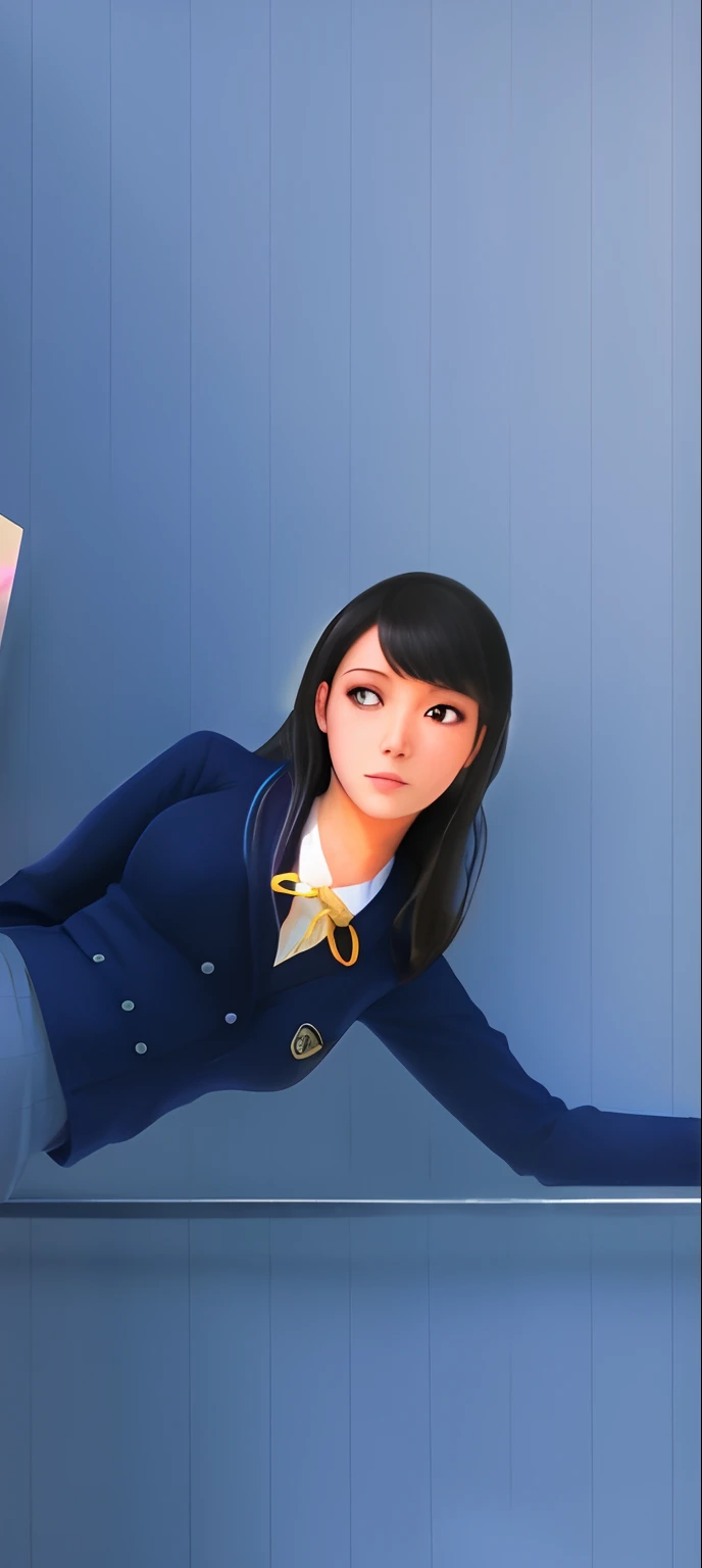 there is a woman that is laying down on a wall, a hyperrealistic schoolgirl, hyperrealistic schoolgirl, realistic schoolgirl, hinata hyuga, smooth anime cg art, painted in anime painter studio, realistic anime 3 d style, anime realism style, made with anime painter studio, anime styled 3d, beautiful anime high school girl, 3d anime girl