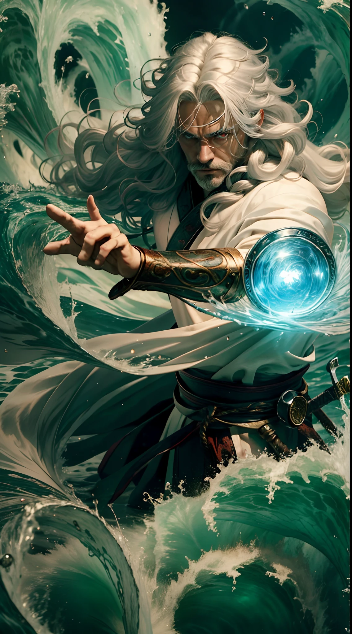 Best quality,masterpiece,ultra high res,1man,whiskers,manly,red glowing eyes,strong body,solo,white hair,long hair,water,waves,lips,upper body,Take the sword.,The best hand,looking at viewer,strong gaze,dynamic shot