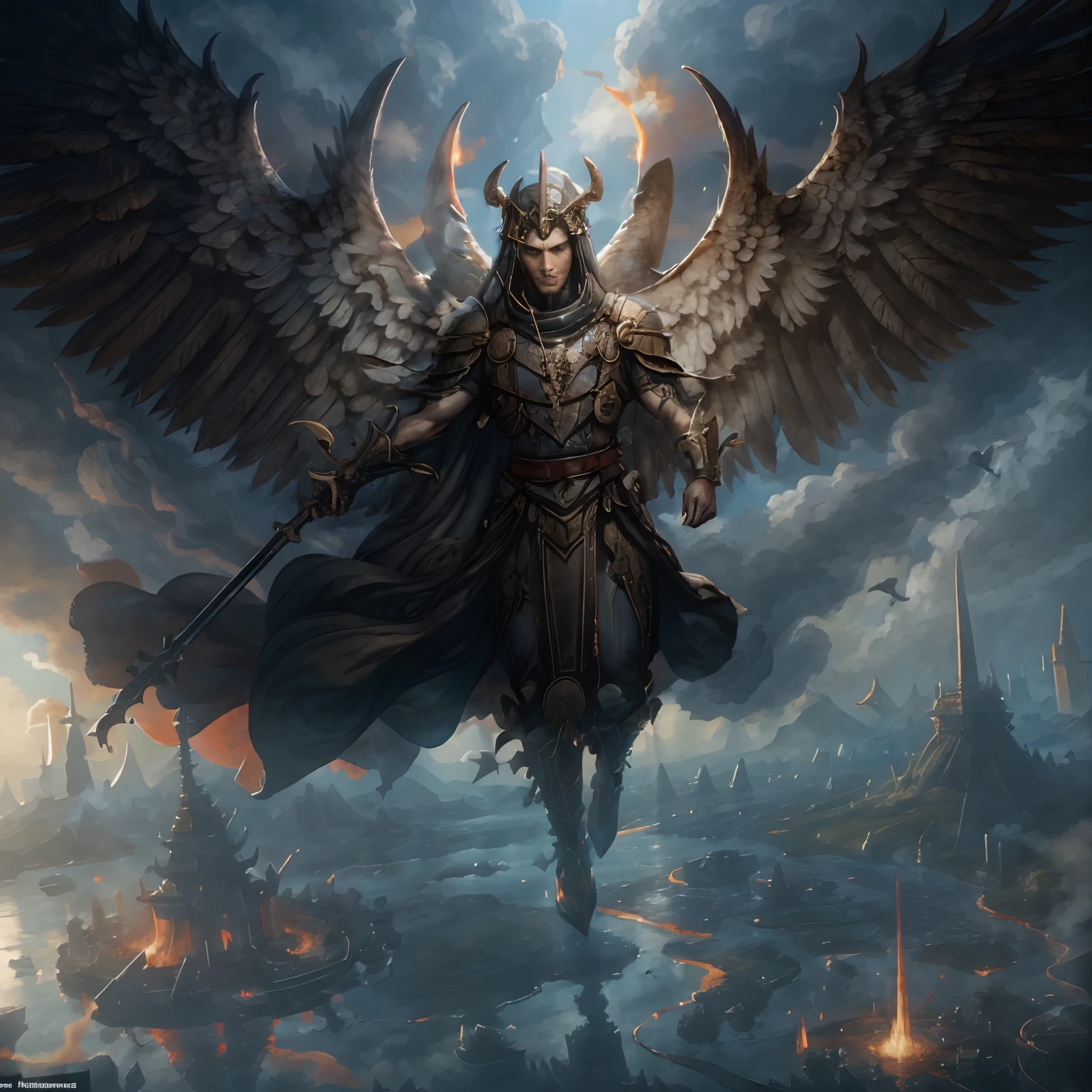 Create an impressive and emblematic image, which reconciles the opposites between heaven and hell according to the principle of "So wie oben, so auch unten" embodied, Eine klare horizontale Linie in der Mitte des Bildes sollte den Spiegelpunkt zwischen den beiden Szenen darstellen,
upper half (Himmel):
- Der Himmel sollte von einem Wolkenkranz umgeben sein, auf dem die Umrisse des Himmelreiches zu erahnen sind,
- Die sieben Erzengel, Ready for battle, Bravely plunge down towards hell, Sie sollten heldenhaft und entschlossen aussehen, bereit, das Gute zu verteidigen,
- Im Hintergrund des Bildes, hinter dem Kreuz im Himmel, sollte schwach Marias weinendes Gesicht zu sehen sein, das die traurige, aber hoffnungsvolle Natur des Himmels widerspiegelt,
Mittellinie:
- In der Mitte der Mittellinie sollten sich zwei Kreuze befinden, eines ragt in den Himmel und das andere, ein umgekehrtes Kreuz, Descends into hell,
- Jesus was to hang on the cross to heaven, dargestellt in einer Haltung des Friedens und der Opferbereitschaft,
- Satan's son was to hang on the inverted cross to hell, dargestellt in einer Haltung der Rebellion und des Zorns,
Lower Half (hell):
- Hell should have a dark and threatening atmosphere, mit dunklen Farben, Flammen und chaotischen Strukturen,
- Im Hintergrund des Bildes, hinter dem Kreuz des Sohnes Satans, sollte sich schwach Luzifers wutentbranntes Antlitz abzeichnen, that symbolizes the dark and dangerous nature of hell,
- Die gefallenen Engel, that are reflected in hell, should have black wings and charge energetically towards the kingdom of heaven,
- Satan's Citadel Should Be Foreshadowed in Hell, as a dark and threatening counterpart to the peaceful and harmonious kingdom of heaven,
The entire composition was intended to emphasize the duality and mirrored nature of the two scenes, und die Szene sollte das Prinzip "So wie oben, so auch unten" visually embody, as well as the dramatic confrontation between