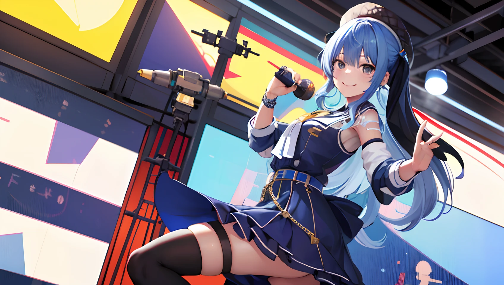 Obra maestra, La mejor calidad, Altas Resoluciones, sui1, 1girl, solamente, Cola de caballo lateral, Hoshimachi Suisei, Guantes sin dedos, single thighhigh, jewely, Individual sock, Correa para el muslo, brazalete, Calcetines azules, botones, A la altura de la rodilla, Vestido a cuadros, gargantilla azul, Blue Belt, falda a cuadros, mini corona, falda gris, Ascot azul, mangas largas, Chaqueta a cuadros, Disparo de vaquero, en el escenario, Clamping microphone, They are smiling,
