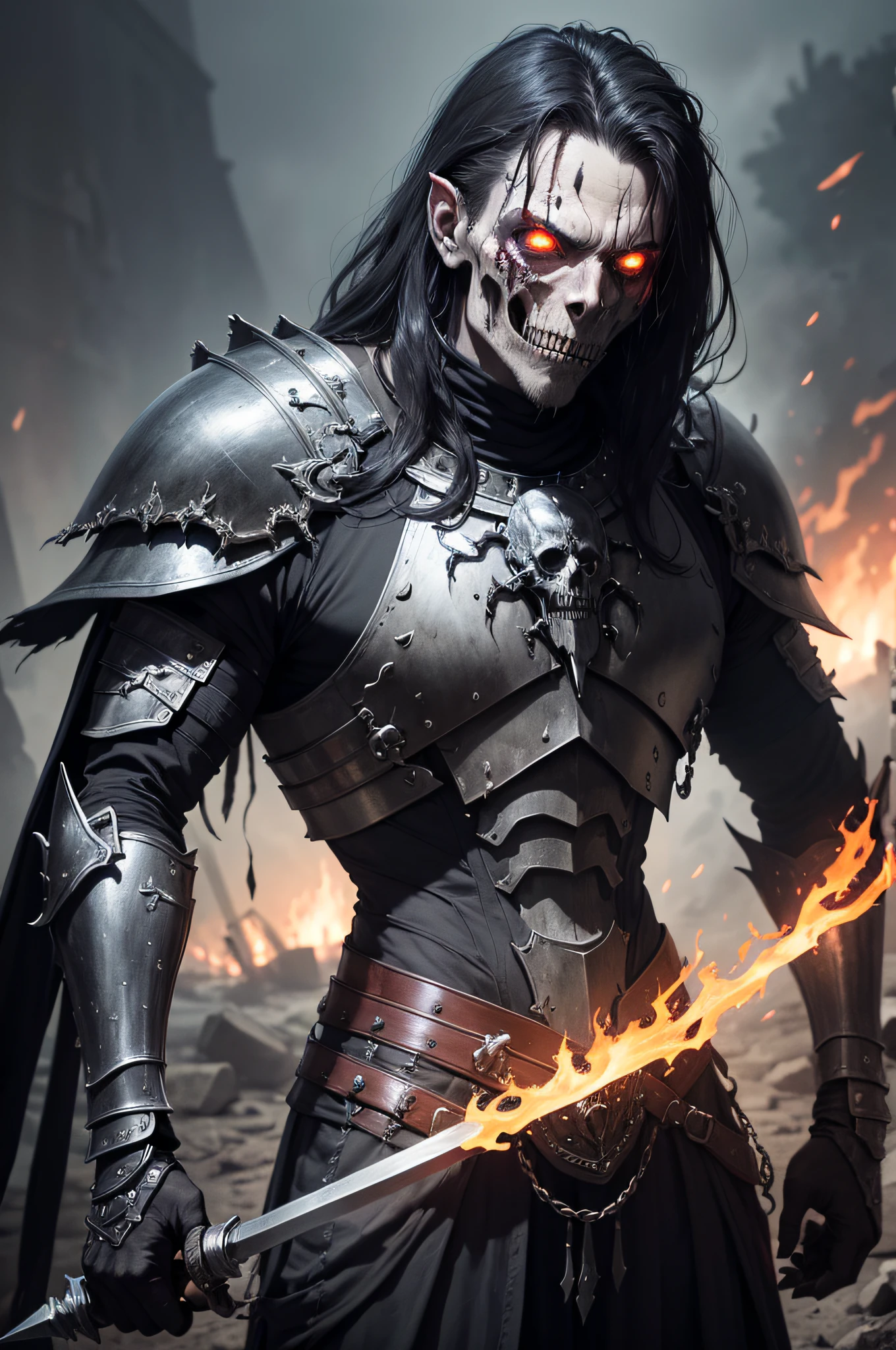 Dim lighting, a Samurai holding a detailed skull in arm, cinematic lighting, dynamic angle, extremely detailed shadowing, (insane, light smile), stare, in the luxury glowing skeleton field, standing in a field of corpses, (depth of fields), best quality, ultra-detailed, strong rim lighting, Japanese illustration, ultimate rendering engine, from below, from side, glowing eyes, killing people in background, extremely detailed face, hair strand, messy clothes
