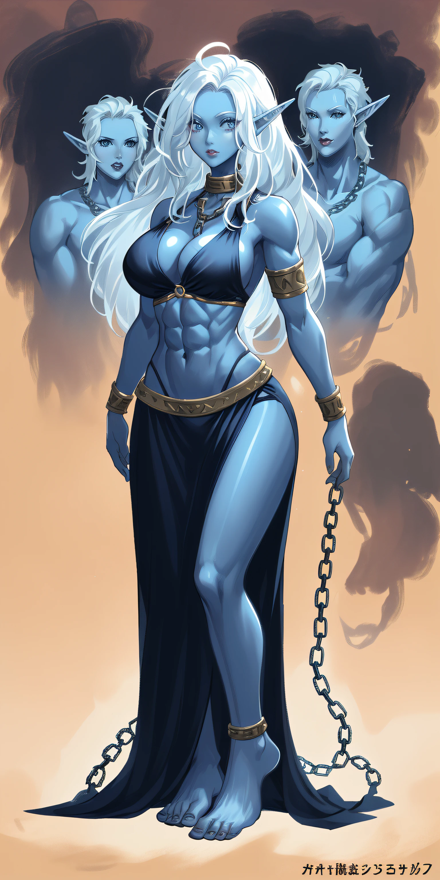 standing straight symmetrical, full body barefeet, drow elf 1girl, mature, BIG OPEN eyes, LONG MESSY hair, BIKINI, abs, big knockers, chain collar, stomach, NAVEL, BAREFEET