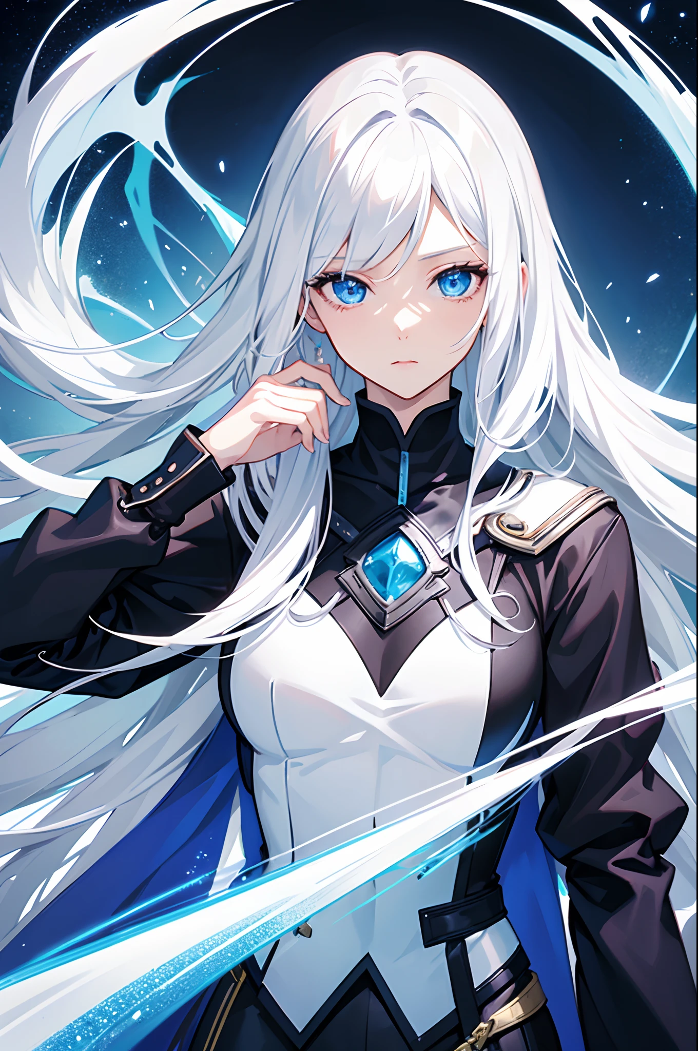 Cover magazine, anime, woman, solo, long hair, white hair, blue eyes, model, beautiful, half body potrait, fantasy, ice