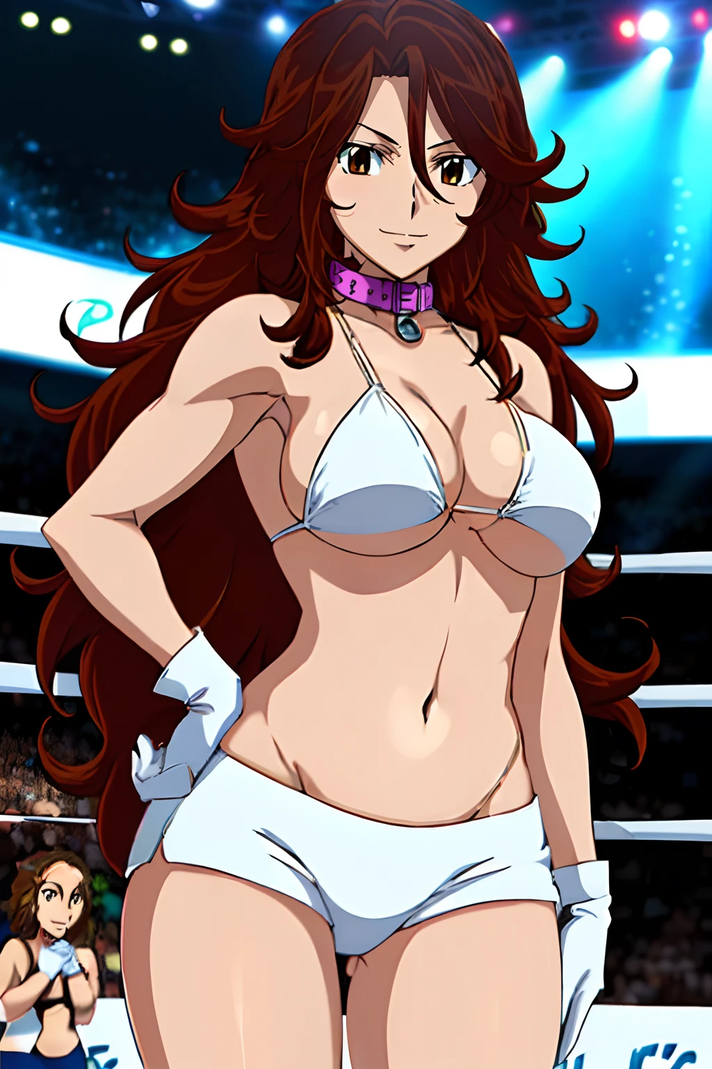 (wwe diva), body view, anime style: 1.8, anime drawing, ultra detailed face, ultra detailed body, 4k, Sumergai Lee Noriega, (standing), best quality, anime style, hires, highest definition, digital blending, bold drawing lines, ((wwe diva), (location: wrestling arena, crowds watching), ( slim body, little biceps, thighs, off-shoulders, (curvy: 2.8)), ((white bikini, shorts, groin, , white gloves, collar)), victorious, winner, gentle, (big breasts, smile), (big eyes, brown eyes), (clapping), (brown hair, loose hair, curly hair, wavy hair, long hair, missy hair), 27 years old, (flexing both arms)