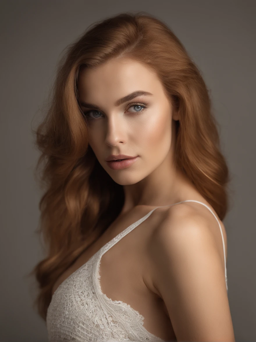 Woman with matching tank top and panties, Sexy girl with blue eyes, portrait sophie mudd, portrait corinna kopf, ginger caramel hair and large eyes, Selfie einer jungen Frau, Augen im club Violet Myers, ohne Make-up, Natural makeup, Blick direkt in die Kamera, Gesicht mit Artgram, dezentes Make-up, Stunning full body shot, im Schlafzimmer, Spaltung, [High Resolution, 8k, long shot, best quality camera lens, sony premium camera], 1girl, solo, (woman body : pale skin tone, hourglass body type, big natural boobs, perfect model face), (straightened hair, ginger caramel hair, sexy golden eyes, seductive look, detailed facial features, alluring face, a wide-angle waist-up portrait photo of 20 years old woman), realistic textured golden eyes, beautiful eyes, hyper detailed eyes, perfect fingers, beautiful fingers, matching colour fingernails, cinematic, (highly detailed skin:1.2), 8k uhd, dslr, soft lighting, high quality, [professional makeup for photoshoot]