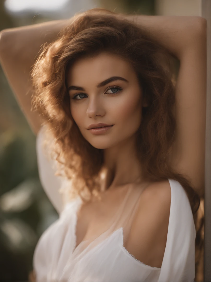 Woman with matching tank top and panties, Sexy girl with blue eyes, portrait sophie mudd, portrait corinna kopf, ginger caramel hair and large eyes, Selfie einer jungen Frau, Augen im club Violet Myers, ohne Make-up, Natural makeup, Blick direkt in die Kamera, Gesicht mit Artgram, dezentes Make-up, Stunning full body shot, im Schlafzimmer, Spaltung, [High Resolution, 8k, long shot, best quality camera lens, sony premium camera], 1girl, solo, (woman body : pale skin tone, hourglass body type, big natural boobs, perfect model face), (straightened hair, ginger caramel hair, sexy golden eyes, seductive look, detailed facial features, alluring face, a wide-angle waist-up portrait photo of 20 years old woman), realistic textured golden eyes, beautiful eyes, hyper detailed eyes, perfect fingers, beautiful fingers, matching colour fingernails, cinematic, (highly detailed skin:1.2), 8k uhd, dslr, soft lighting, high quality, [professional makeup for photoshoot]
