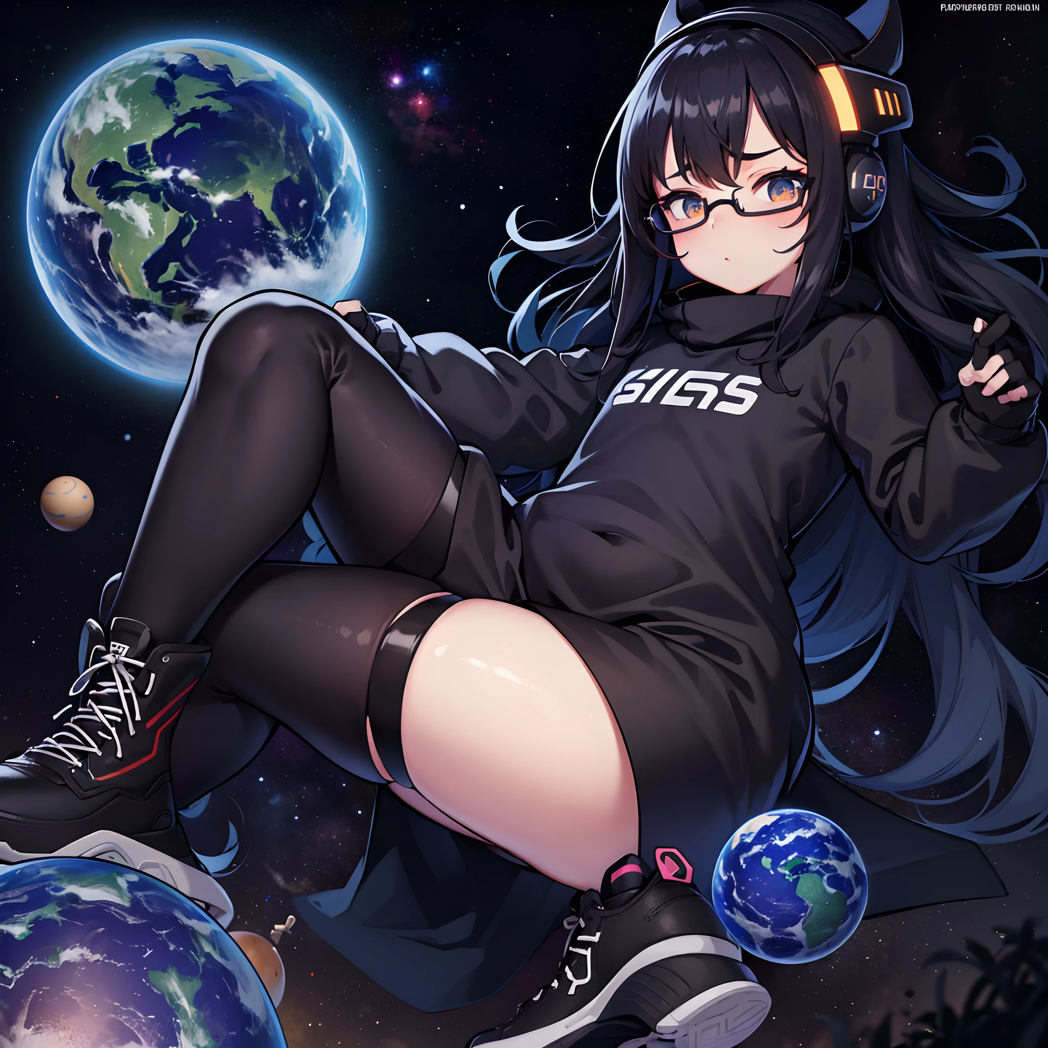 GtsSpace,black background, planets,thick,neet outfit,glasses,sneakers,stars,grabbing,GtsGiga, Looming,looking down at viewer,messy hair,long hair,unkempt hair,hair between eyes,freckkes,hazel eyes,thick rimmed glasses,a bit chubby,gamer headset,gaintess art,black light