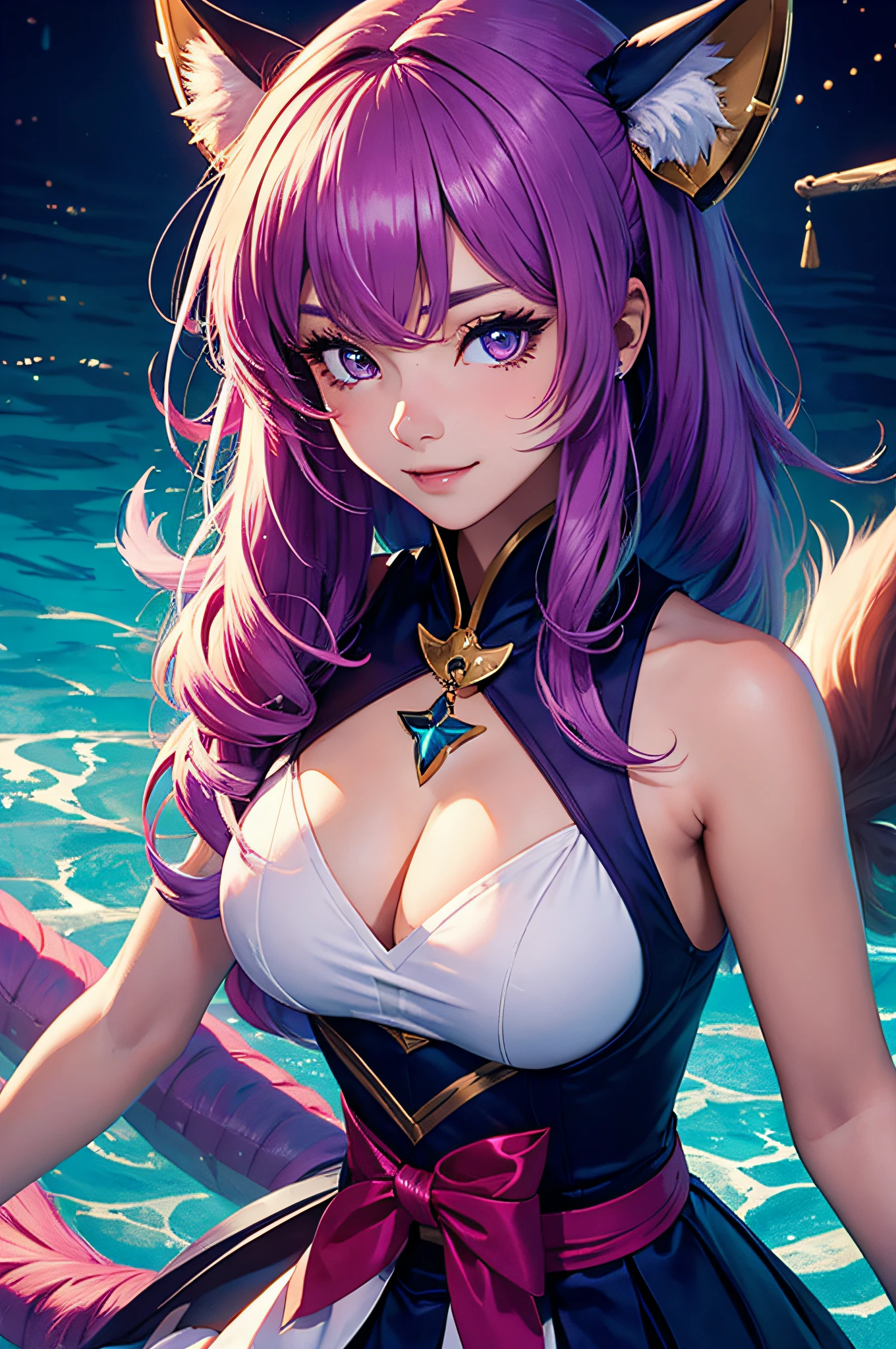 (master part, best quality:1.2), detalhes intrincados, Guardian Star Ahri, 1girl, orelhas de animais, ornamento de cabelo, Mangas em destaque, bareshoulders, Saia, magical girl, Multiple Tails, purple hairs, sorriso leve
