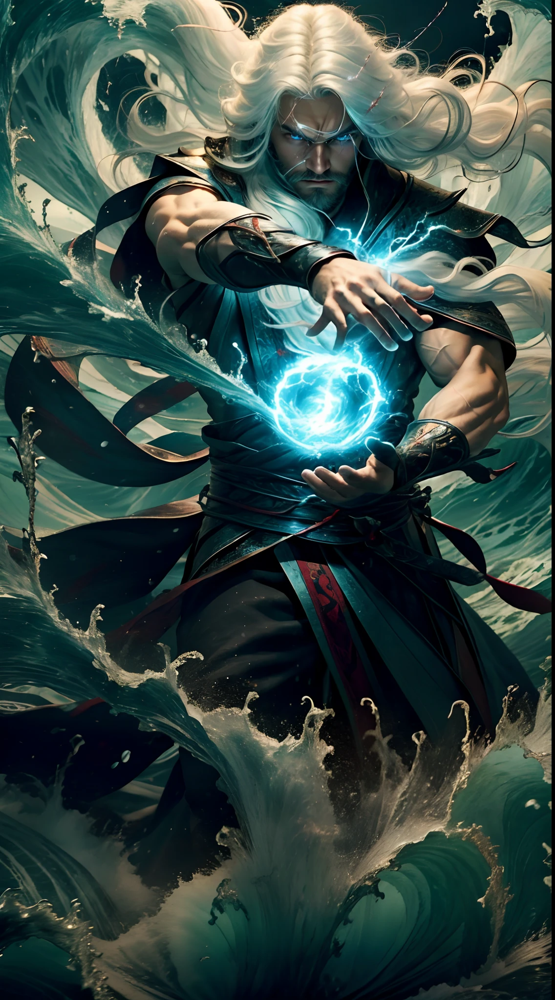 Best quality,masterpiece,ultra high res,1man,whiskers,manly,red glowing eyes,strong body,solo,white hair,long hair,water,waves,lips,upper body,Take the sword.,The best hand,looking at viewer,strong gaze,dynamic shot,lightning and storm and thunder