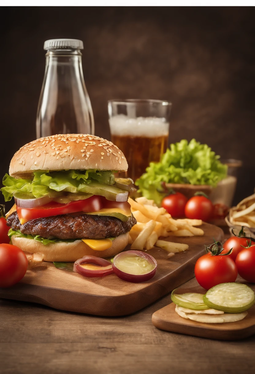 food, hamburger, grilled meat, lettuce, tomatoes, cheese, pickles, onion, sesame seed bun, condiments, beef patty with grill marks, juicy, flavorful, juicy tomatoes, crispy lettuce, melted cheese, caramelized onions, tangy pickles, perfectly toasted bun, refreshing Coca-Cola, fizzy, ice cubes, condensation, refreshing, classic red label, glass, bubbles, effervescent