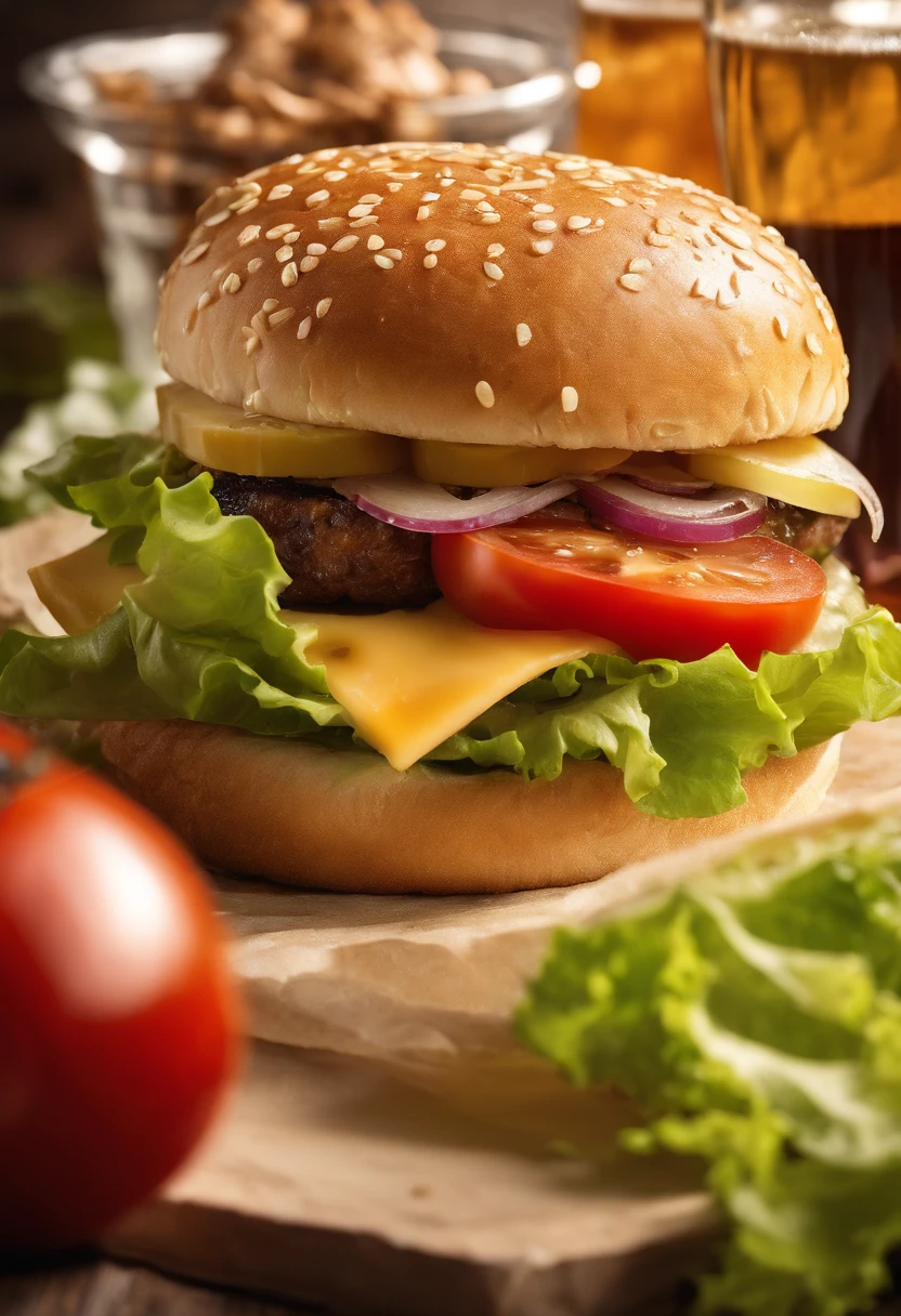food, hamburger, grilled meat, lettuce, tomatoes, cheese, pickles, onion, sesame seed bun, condiments, beef patty with grill marks, juicy, flavorful, juicy tomatoes, crispy lettuce, melted cheese, caramelized onions, tangy pickles, perfectly toasted bun, refreshing Coca-Cola, fizzy, ice cubes, condensation, refreshing, classic red label, glass, bubbles, effervescent