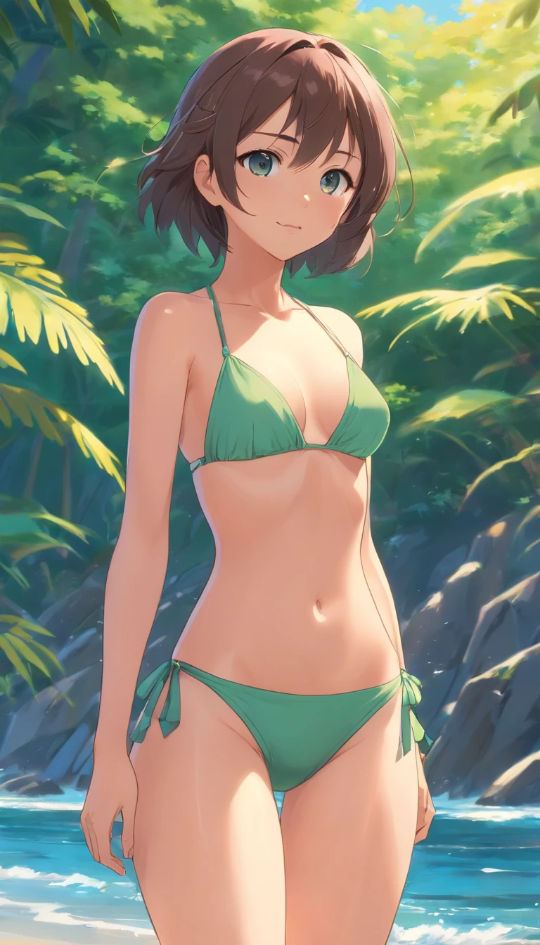 full body Esbian, Very young girl,Oriental face,with highly-detailed facial features and cartoon-style visuals。The bikini