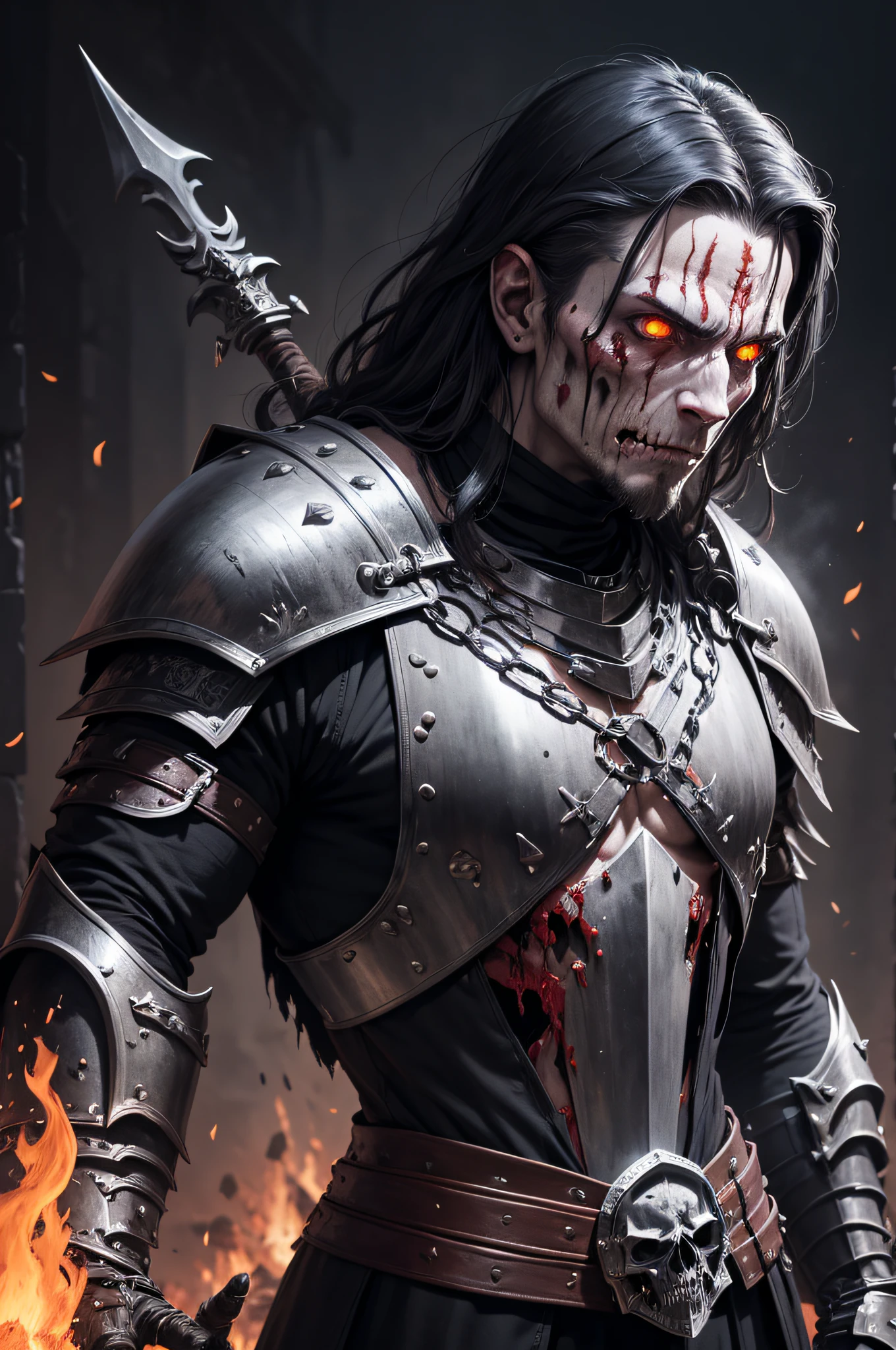 a drawing of a male zombie with torn flesh to reveal human skull, elongated canines, scale mail armor, hollow black flame eyes, black metal pauldrons, black metal breastplate, gothic background, raining blood in the night sky, Holding a spear over shoulder