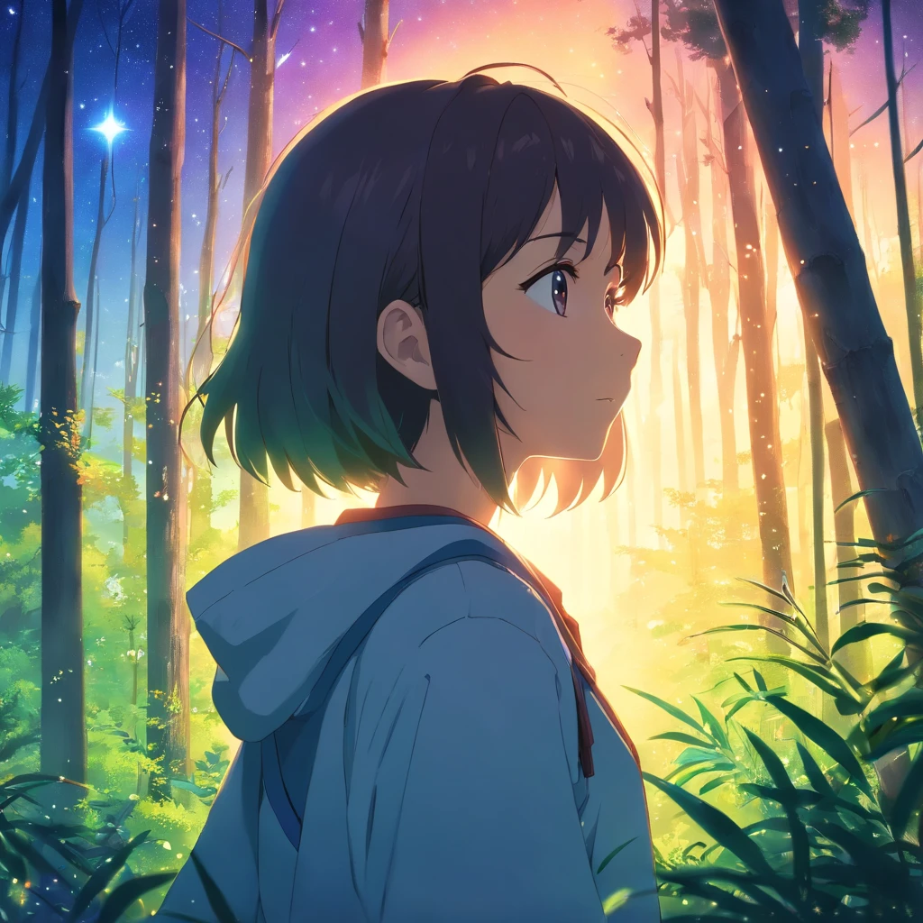 tmasterpiece,top-quality,cinematic Film still from,1panda,close-up,natta,Panda staring at the stars in the forest,Turn your back on the stars,Starry sky,spark of light