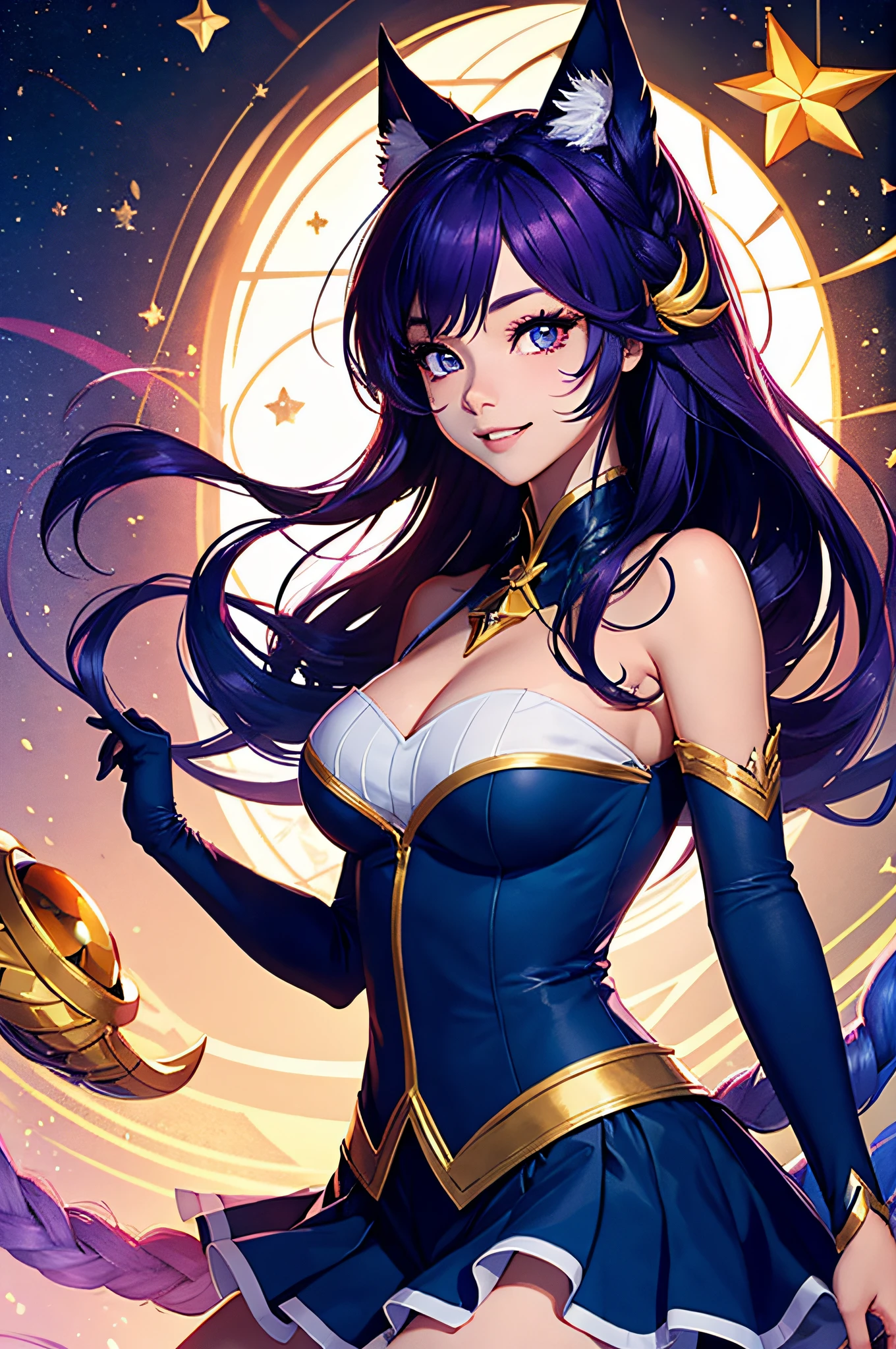 (master part, best quality:1.2), detalhes intrincados, Guardian Star Ahri, 1girl, orelhas de animais, ornamento de cabelo, Mangas em destaque, bareshoulders, Saia, magical girl, Multiple Tails, purple hairs, sorriso leve