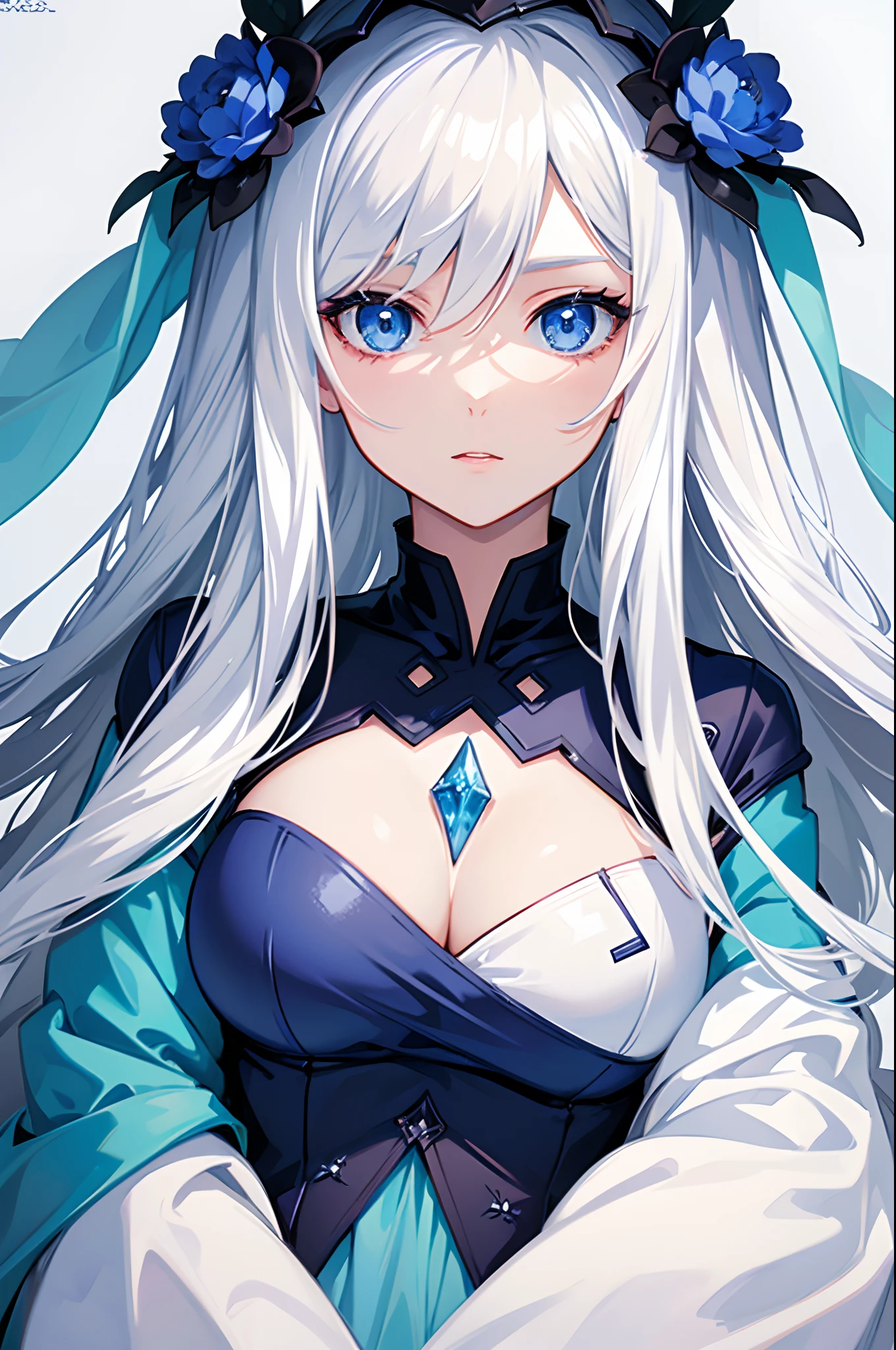 Cover magazine, anime, woman, solo, long hair, white hair, blue eyes, model, beautiful, half body potrait, fantasy, ice