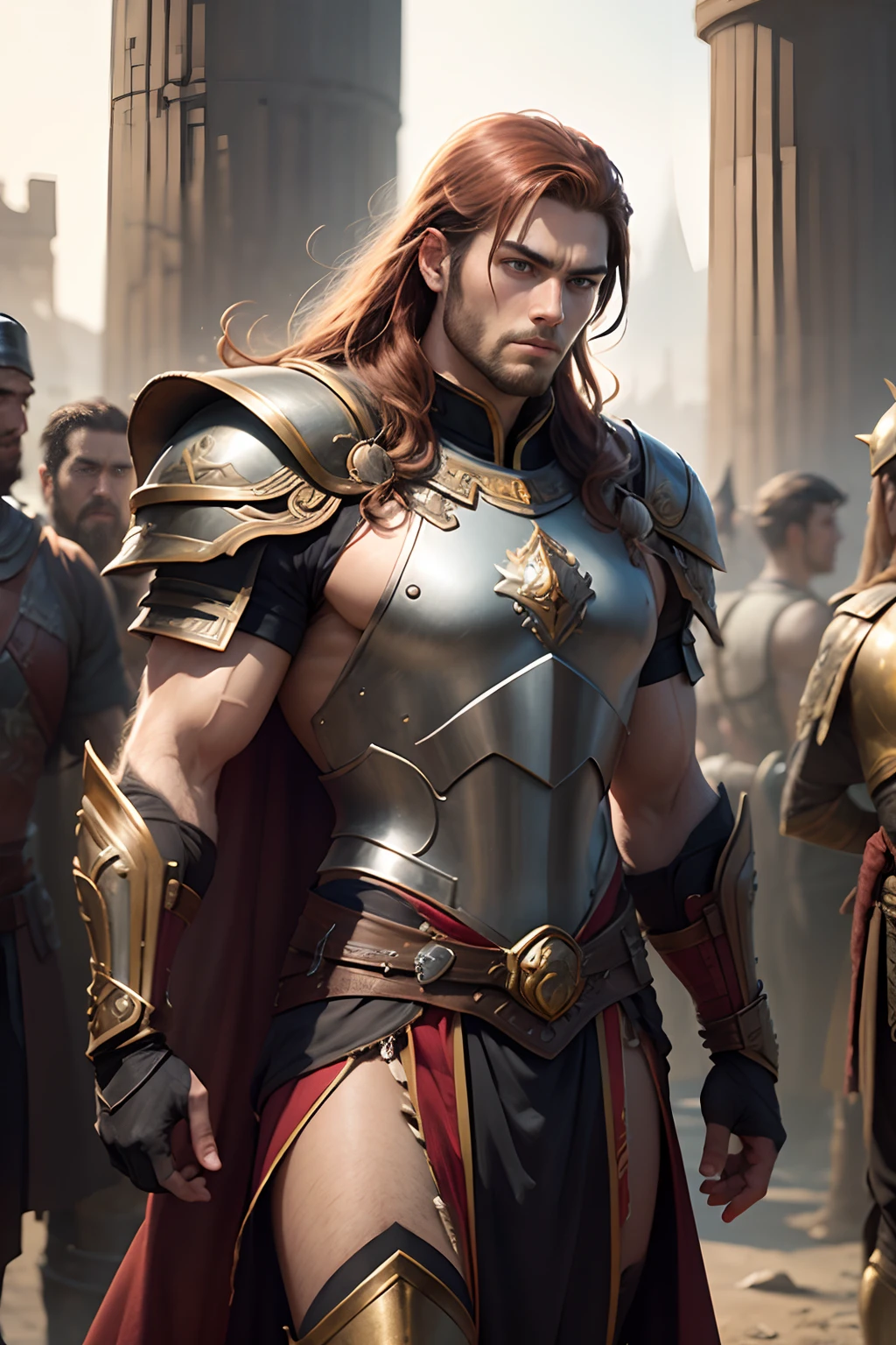 illustration of 1 Achilles,  detailed face, handsome, long auburn hair, heroic pose, bronze_breastplate:1.8, greaves, knee-length white tunic:1.2, bronze age, Illiad, ancient greece, Homer, red figure vase painting, 500_BCE, Angus_McBride, Richard Hook, Trojan_War, Dynasty_Warriors_Troy