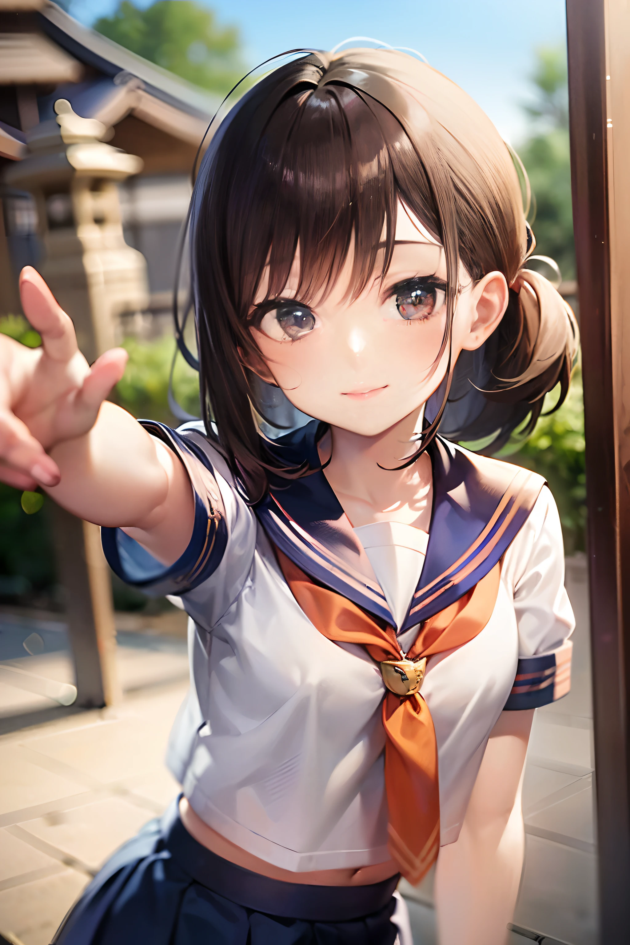 hi-school girl, ((Sailor Uniform:1.5)), ((pleatedskirt:1.5)), Anatomically correct body, very detailed face and eyes, ((Kyoto Animation Style)), super precision, masterpiece, very extremely beautiful, Princess Face, Boyish girl, shorth hair, Straight hair, Dark hair, Short ponytail, Black eyes, ((Smaller chest)), BREAK, ((Solid orange tie)), cowboy shot, dynamicposes, With smiling eyes, Lean, ((Schools:1.5)), ((School Gate)), frombelow, Latex, outside of house, kawaii faces,