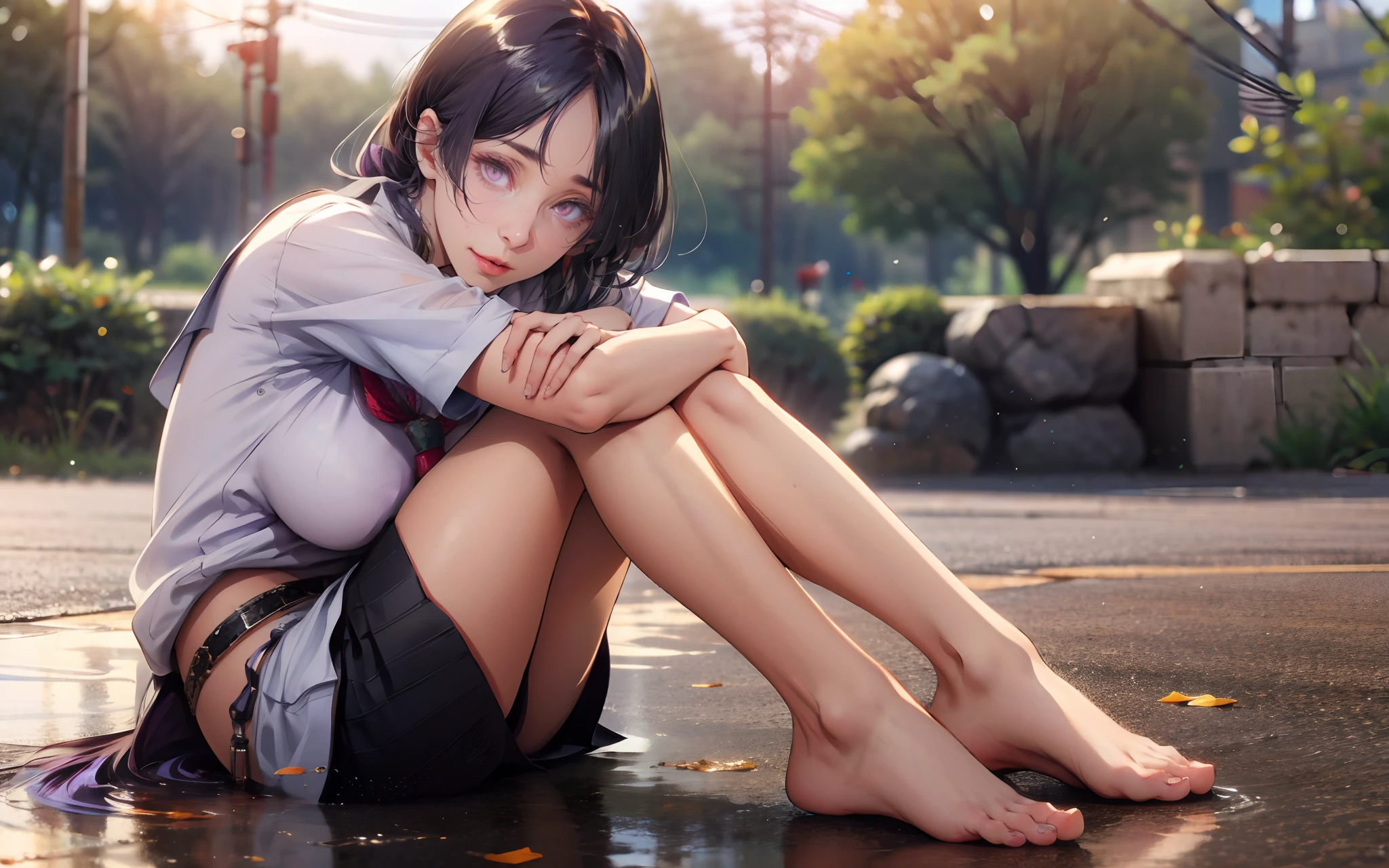 hmmr1, minamoto no raikou (fate), (dark-purple hair, long hair:1.7), purple eyes, 1girl, feet, barefoot, solo, school_uniform, looking_at_viewer, blurry, sitting, toes, day, outdoors, depth_of_field, tree, skirt, blurry_background, serafuku, short_sleeves, stretch, leg_hug, legs, bare_legs, sailor_collar, knees_up, black_skirt, soles, glow effects, godrays, Hand drawn, render, 8k, octane render, cinema 4d, blender, dark, atmospheric 4k ultra detailed, cinematic, Sharp focus, big depth of field, Masterpiece, colors, 3d octane render, 4k, concept art, trending on artstation, hyperrealistic, Vivid colors, extremely detailed CG unity 8k wallpaper, trending on CGSociety, Intricate, High Detail, dramatic
