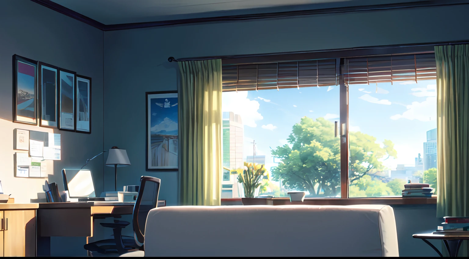 masterpiece, indoor, home, morning window, close up window, tree, blue sky, sofa, desk, SHINKAI MAKOTO, sunlight