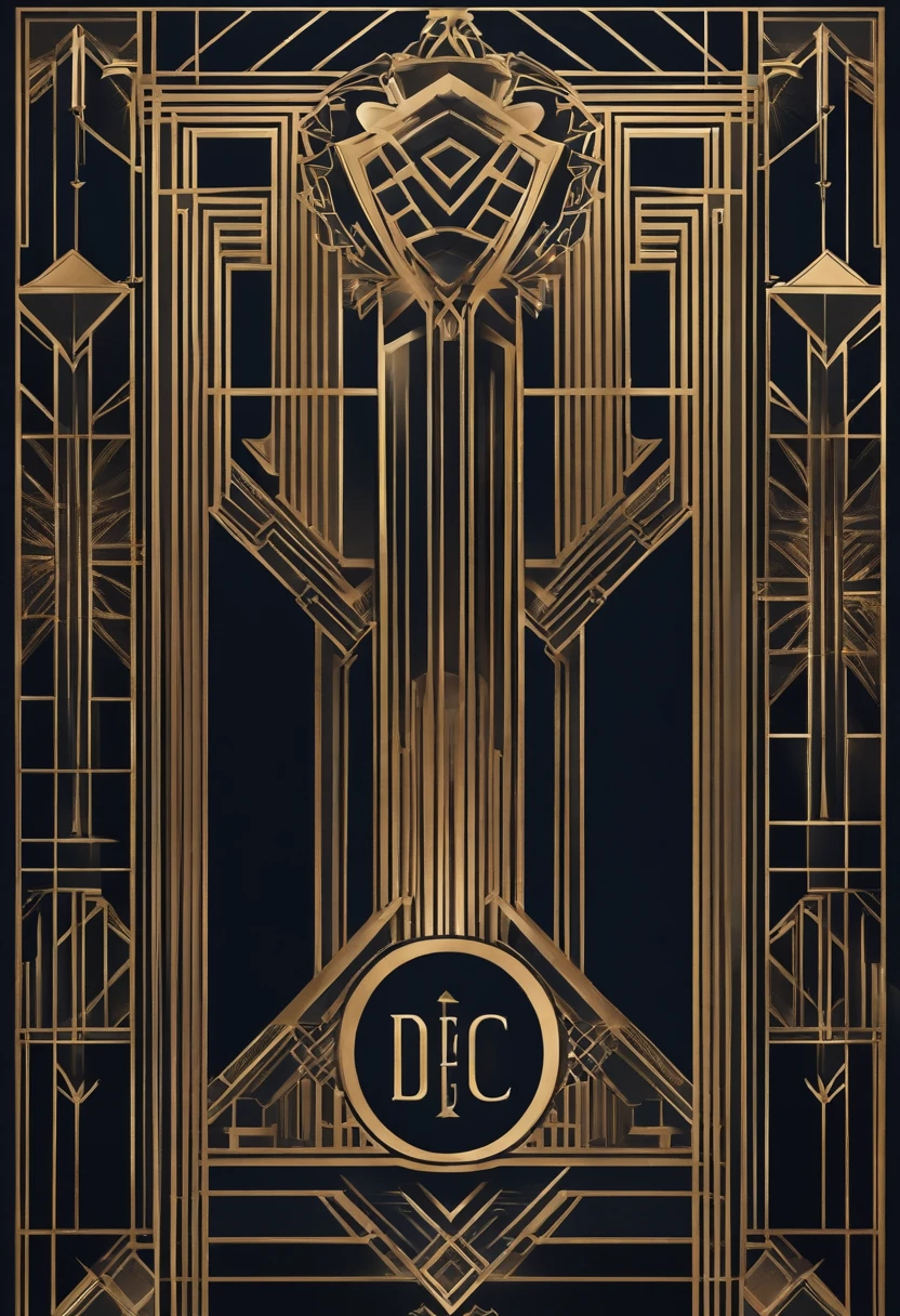 Generate an Art Deco-style invitation layout with a 1920s theme. Create a rectangular canvas for the invitation. Seamlessly integrate a 1920s element, specifically a Cadillac, into the layout. Make it look like the Cadillac is emerging from or merging with a Ard Deco geometric shapes, blending it harmoniously into the design. The Cadillac should have a sleek and stylized appearance in line with the Art Deco style. Ensure that the composition is well-balanced, with elements spaced evenly and aligned to the geometric grid. The design should feel cohesive and visually pleasing.