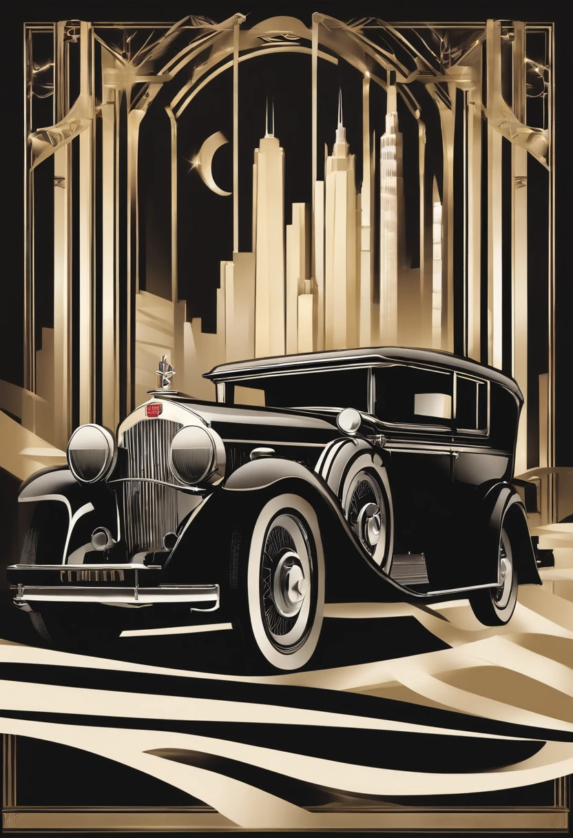 Generate an Art Deco-style invitation layout with a 1920s theme. Create a rectangular canvas for the invitation. Seamlessly integrate a 1920s element, specifically a Cadillac, into the layout. Make it look like the Cadillac is emerging from or merging with a Ard Deco geometric shapes, blending it harmoniously into the design. The Cadillac should have a sleek and stylized appearance in line with the Art Deco style. Ensure that the composition is well-balanced, with elements spaced evenly and aligned to the geometric grid. The design should feel cohesive and visually pleasing.
