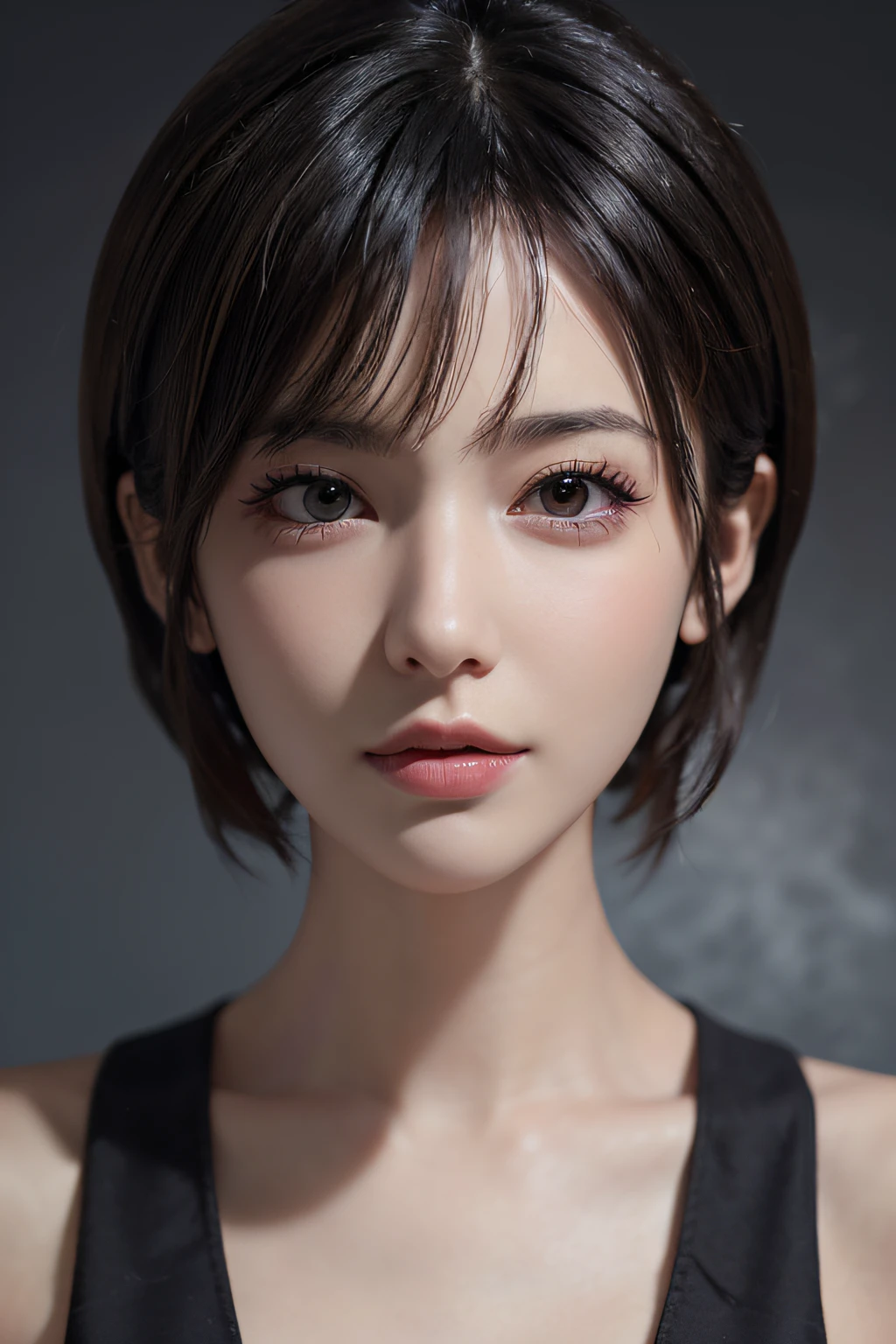Surrealist portraits of women by David Hockney and Alphonse Mucha,fantasy art,photographrealistic,Dynamic lighting,artstation,poster,volume illumination,Very detailed faces,4 k,prizewinning,,1girl,In the darkness,Deep shadows,low-key,short cut hair, large eyes,Double eyelid,Pink hair,stunningly beautiful,dynamicpose,Delicate face,vibrant eyes,Highly detailed skin,Realistic skin details,Visible pores,Clear focus,Volumetric fog,8k uhd,digital DSLR camera,high quailty,