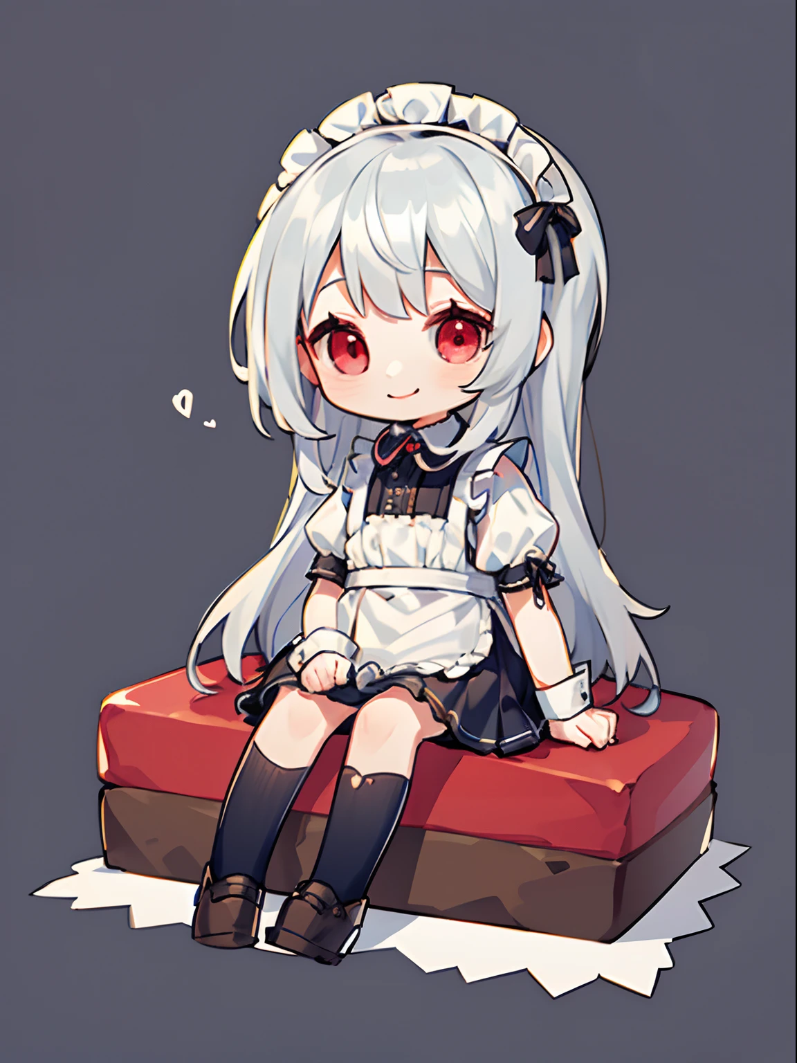 Silver-haired woman,Red Eyes,cute little,A smile,maid clothes,adolable,frilld,Long hair,a miniskirt,full body Esbian,cute background,Physical education sitting,Sitting with your knees,Scenery through the screen