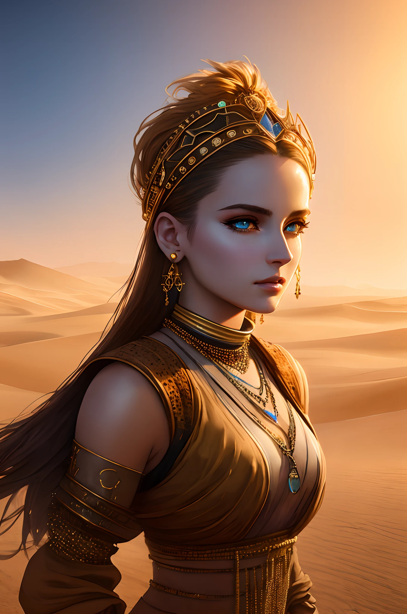 ultra detailed digital minimalistic line art watercolor render of a futuristic beautiful female desert nomad, detailed symmetric beautiful BLUE eyes, sand color clothes/ detailed gorgeous face, apocalyptic environment and sandstorm, splatter drippings, style of MAD MAX WORLD, style of Wadim Kashin, John William Waterhouse, Luminous Studio graphics engine centre image, dof, golden hour, 8k, soft lighting aesthetic, edge-to-edge print, volumetric lighting, TanvirTamim, cinematic, colorful background, concept art, dramatic lighting, high detail, highly detailed, hyper realistic, octane render, smooth, studio lighting, trending on artstation