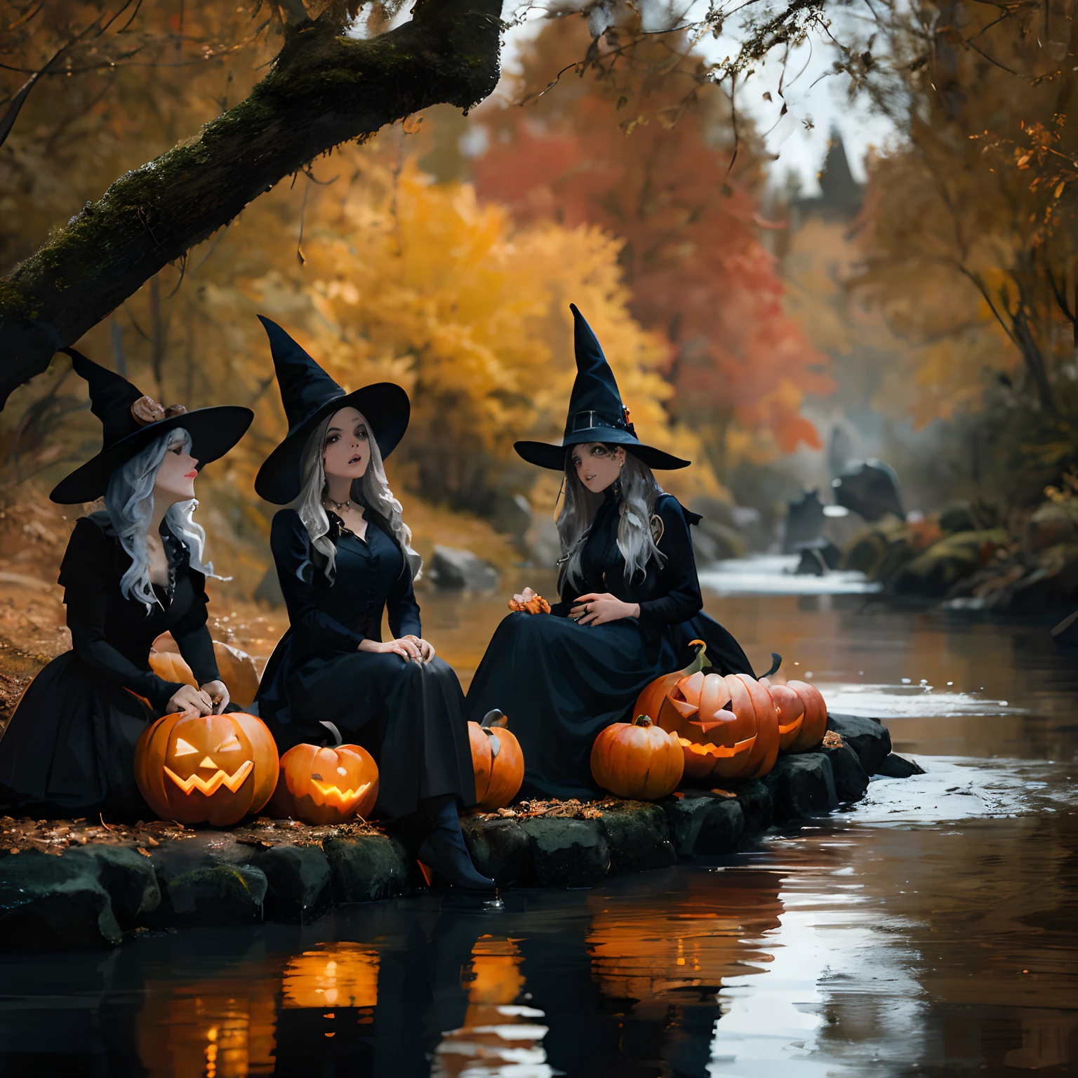 Tres brujas sentadas en una roca con calabazas en las manos, Brujas, Cuento de hadas de brujas, Ropa de bruja, Ropa de bruja, Hechizos de magia negra, Scarry pero hechizante, Ambiente de Halloween, Bruja, Hermosa bruja espeluznante hembra, Escena de Halloween, Shutterstock, Hermosa bruja femenina, Ropa de bruja, con sombrero de bruja negro, hermosa bruja hembra, con un sombrero de bruja