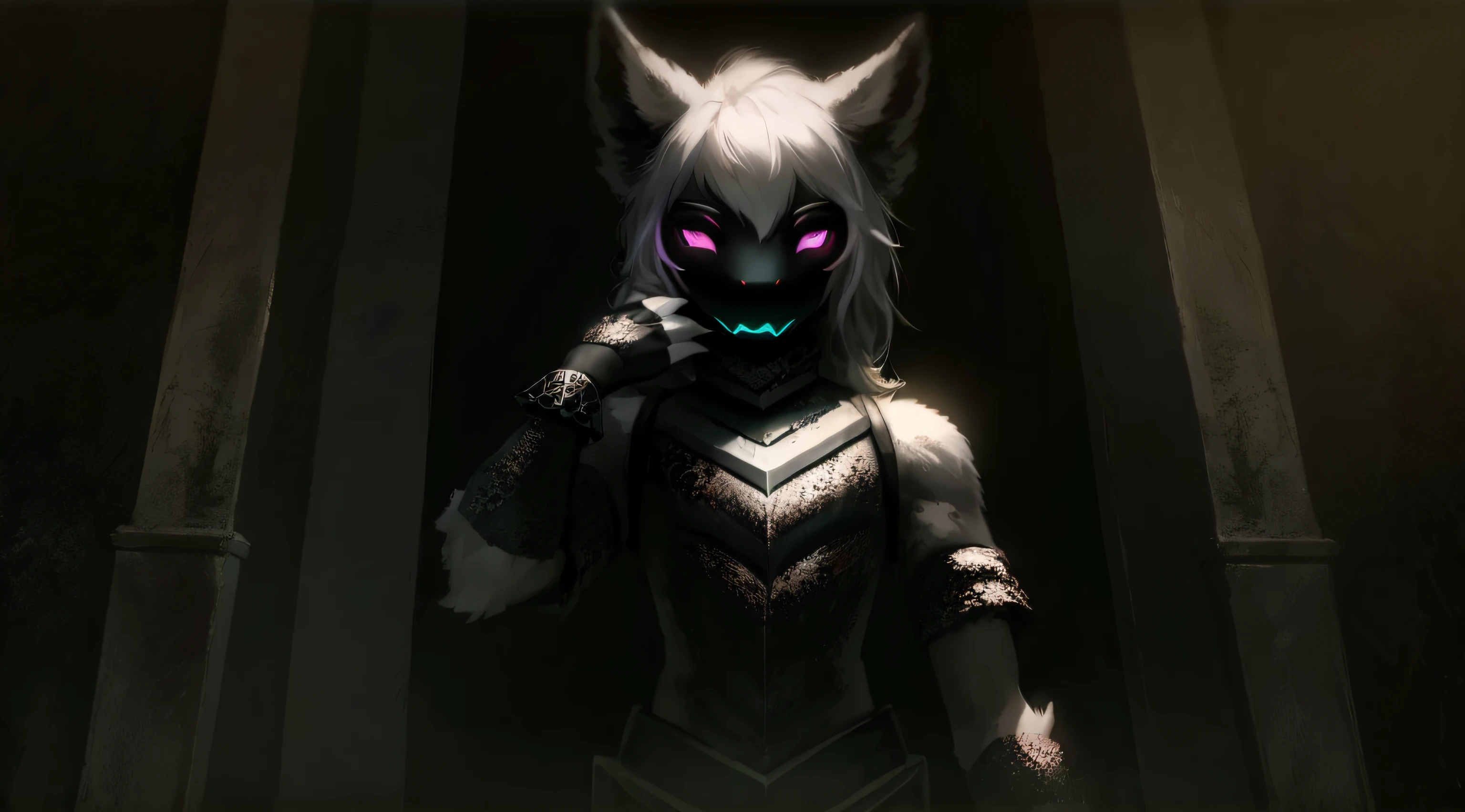 (Front focus), (In the dark:1.6), protogen，furry, photograph realistic, Dynamic lighting,voluminetric lighting, 1girll, In the dark, deepshadow, low tune, (Sexy outfit), White hair