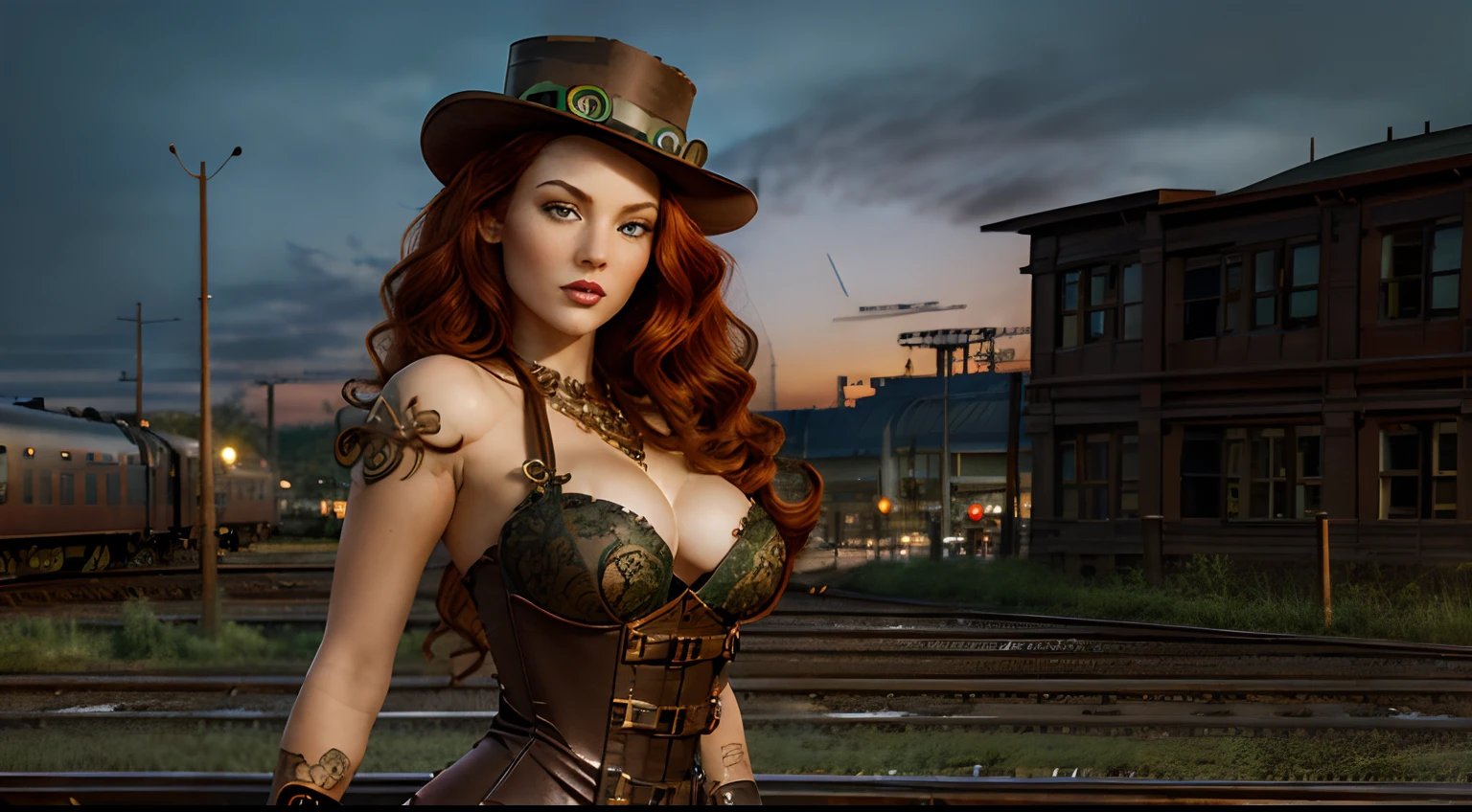 Masterpiece, (trains tracks at train station), bright starry sky, Romantic train, reflection, detailed scenery, enhanced details, official art, dynamic angle, (ultra wide shot), RAW, photorealistic, ultra detailed, aesthetically pleasing, High quality, masterpiece, best quality, full body, woman red hair, beautiful face, brown eyes, sexy pose, pinup art, wearing (steampunk medium length dark green dress) with leather boots and green top hat (1.6 intricate details, Masterpiece, best quality), thick hair, long hair, auburn red hair, fair skin intense ((brown)) eyes, in front of trains on the tracks in a (train yard), trains in the background, locomotive, train, golden engines, choo choo, trains, biomechanical railroad, glamorous and sexy, red hair, beautiful face, brown eyes, sexy pose, pinup art, pin - up, pin-up, pin up, pinup, pin - up girl, pin up girl, pinup girl,  (perfect eyes), ((beautiful eyes), detailed eyes, (perfect face), detailed face, perfect expression, (((detailed and realistic scenery))), (perfect hands), (perfect fingers), perfect female anatomy, detailed body, perfect body, proportional body, Cinematic Lighting, Backlight, Symmetry,