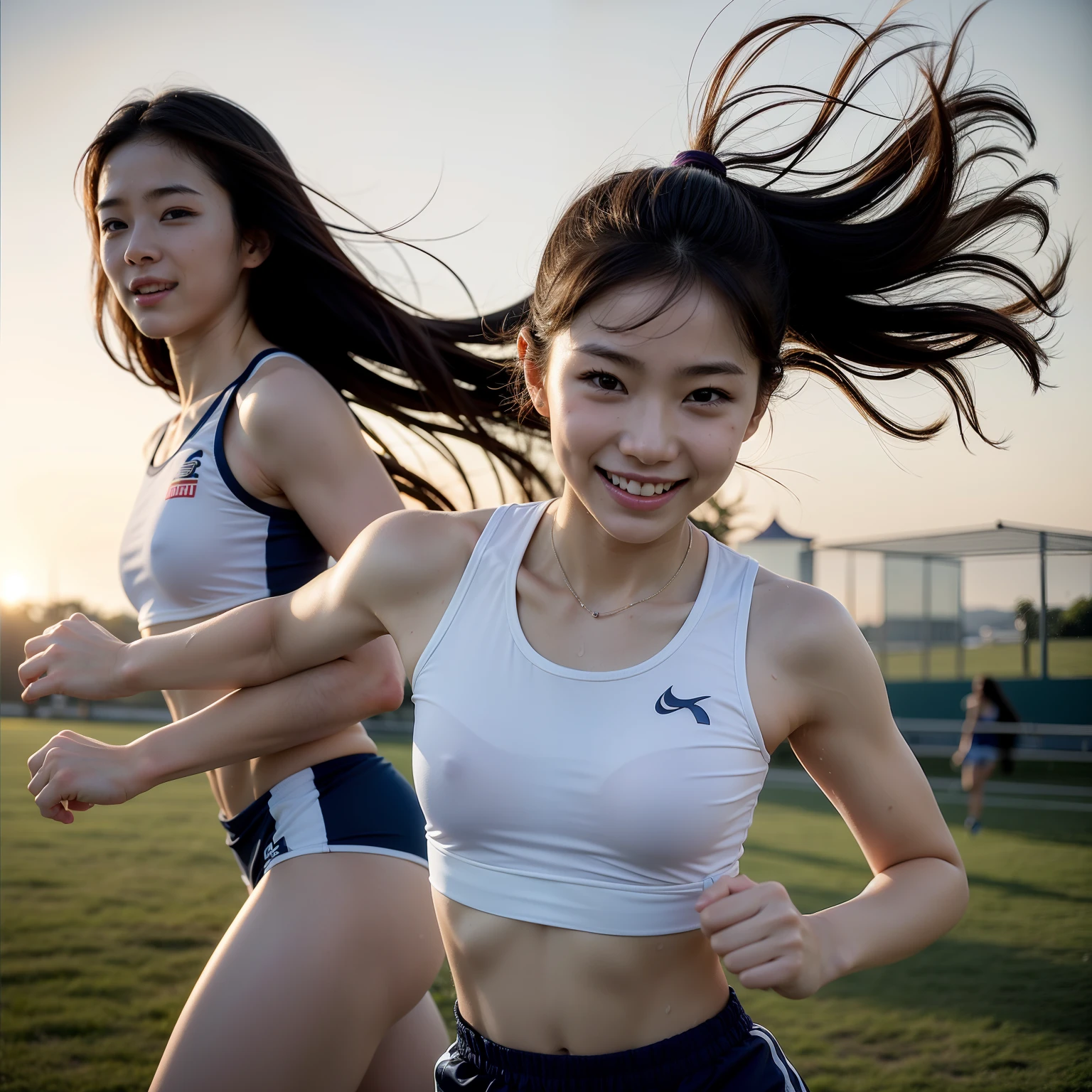 (best quality, masterpiece), 1girl, (muscular:0.7), pale skin, athletics, (running:1.2), twisted torso, head tilt, smile, happy, wavy hair, lens flare, backlight, (sweat:1.2), crop top, steaming body, wind, outdoor, park, sunset, flat chest, japanese athlete,