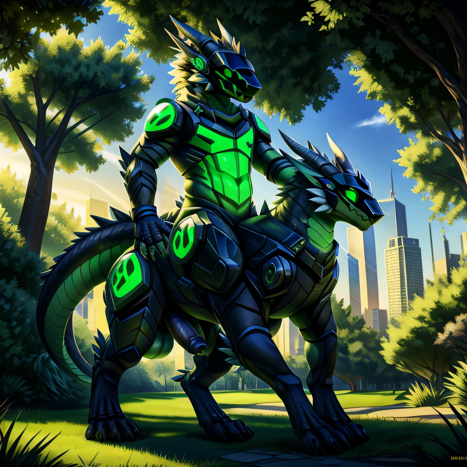 (masterpiece:1.2, best quality:1.2, 2D:1.2, sharp:1.2), (hotify), perfect anatomy, perfect eyes, perfect background, (solo, full body shot), (morning_environment), (park), beautiful shadows and lights, volumetric lights, dragonborn, taur, protogen visor, protogen face, tail, paws, claws, horns, white fur with black and green elements on body, green eyes, deep green skin, nsfw, huge ass, massive penis, erection, massive testicles, testicles, male, exposed stomach