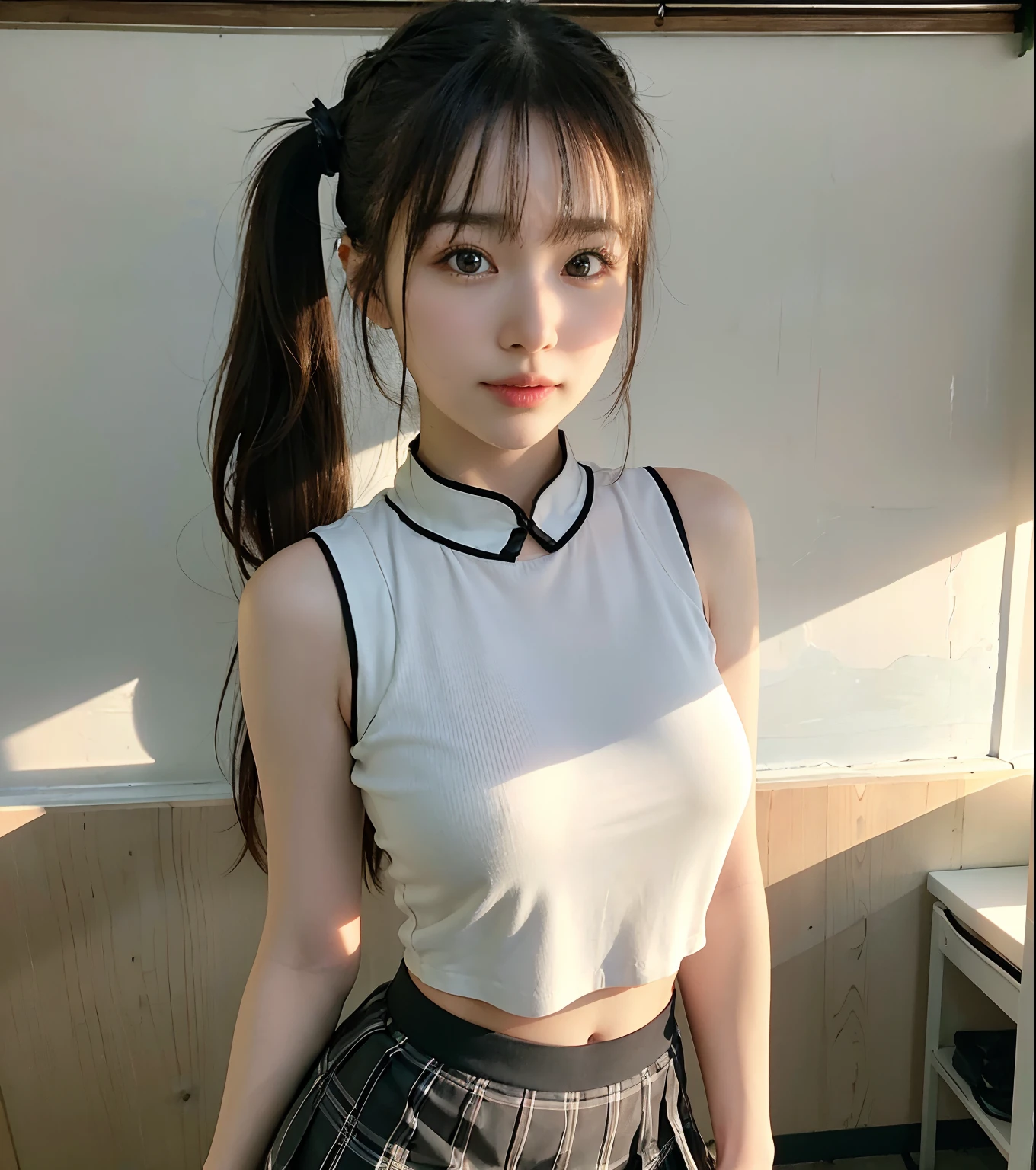 masterpiece, best quality, (realistic, photo-realistic:1.4), (RAW photo:1.2), extremely detailed CG unity 8k wallpaper, an extremely delicate and beautiful, amazing, finely detail, official art, absurdres, incredibly absurdres, huge filesize, ultra-detailed, extremely detailed, beautiful detailed girl, extremely detailed eyes and face, beautiful detailed eyes, light on face, 1girl, long hair, ((ponytail)), solo, cute, looking at viewer, (perfect female figure), slim waist, full body, large breasts, standing, school uniform, microskirt, miniskirt, plaid skirt, navel, midriff, sleeveless shirt, bare arms, bangs, school, classroom, ulzzang-6500-v1.1,