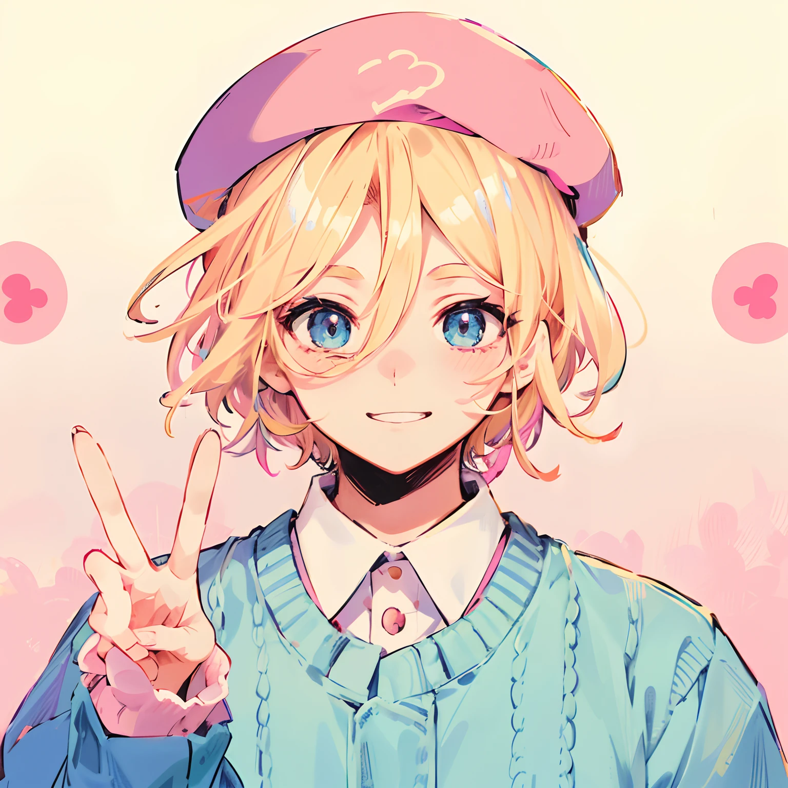 Japanese anime、Upper body illustration、a blond、youth、male people、Pink beret、Hairstyles that reveal the forehead、forehead、No bangs、Pastel blue sweater、Double Peace Sign、Seeing the double teeth and smiling、cute little、Delicate and detailed expression、colorful backdrop、